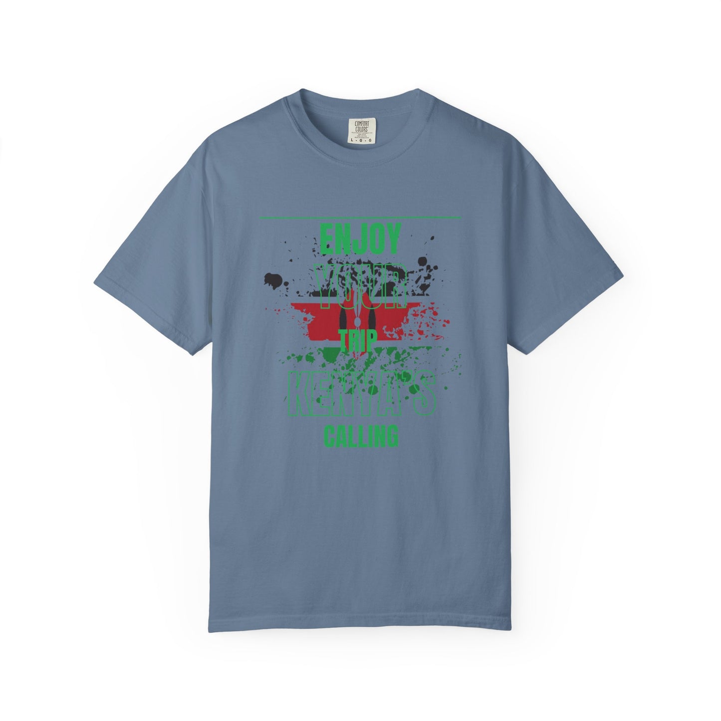 Mashafrica blue T shirt with kenya flag paint splatter graphic and travel slogan calling explorers