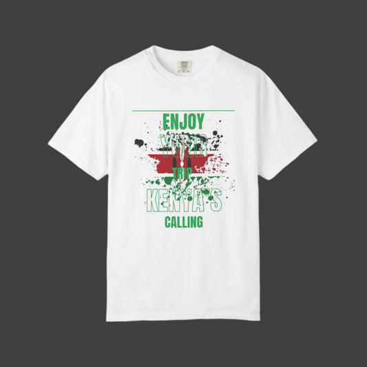 Mashafrica white graphic t shirt featuring kenya flag colors splatter and Enjoy Kenyas Calling slogan