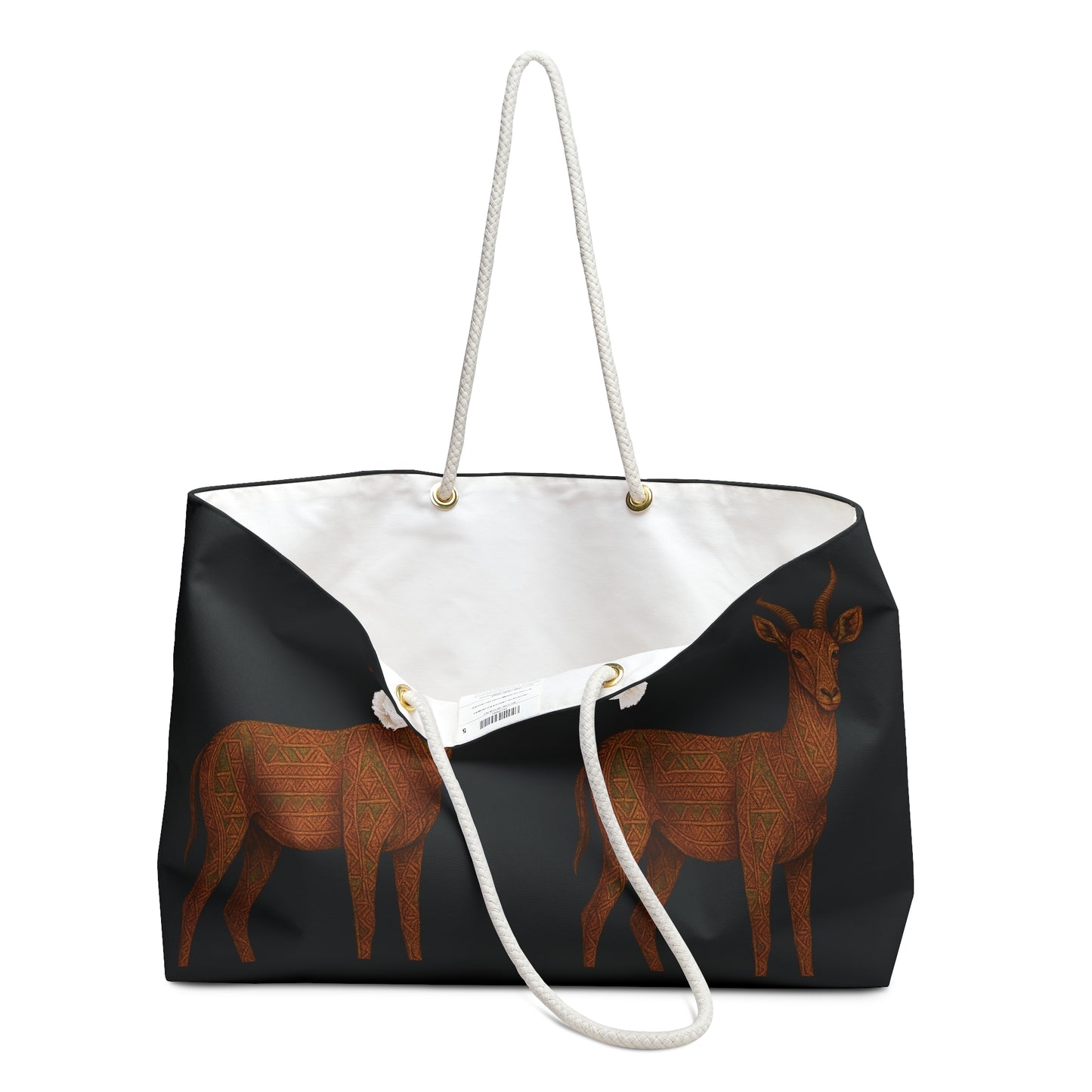 Mashafrica black canvas tote bag with rope handles and orange patterned antelope print on front African bag