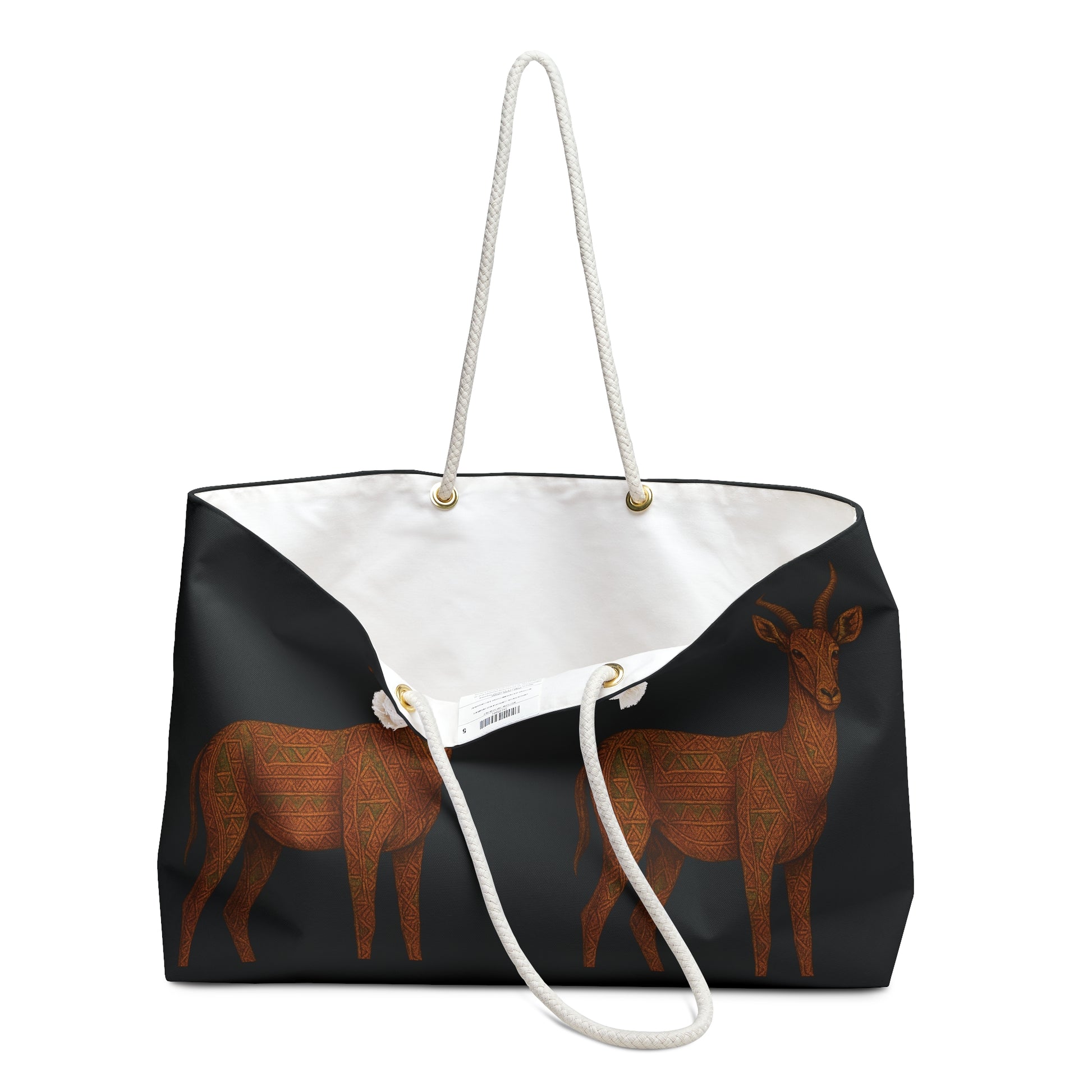 Mashafrica black canvas tote bag with rope handles and orange patterned antelope print on front African bag