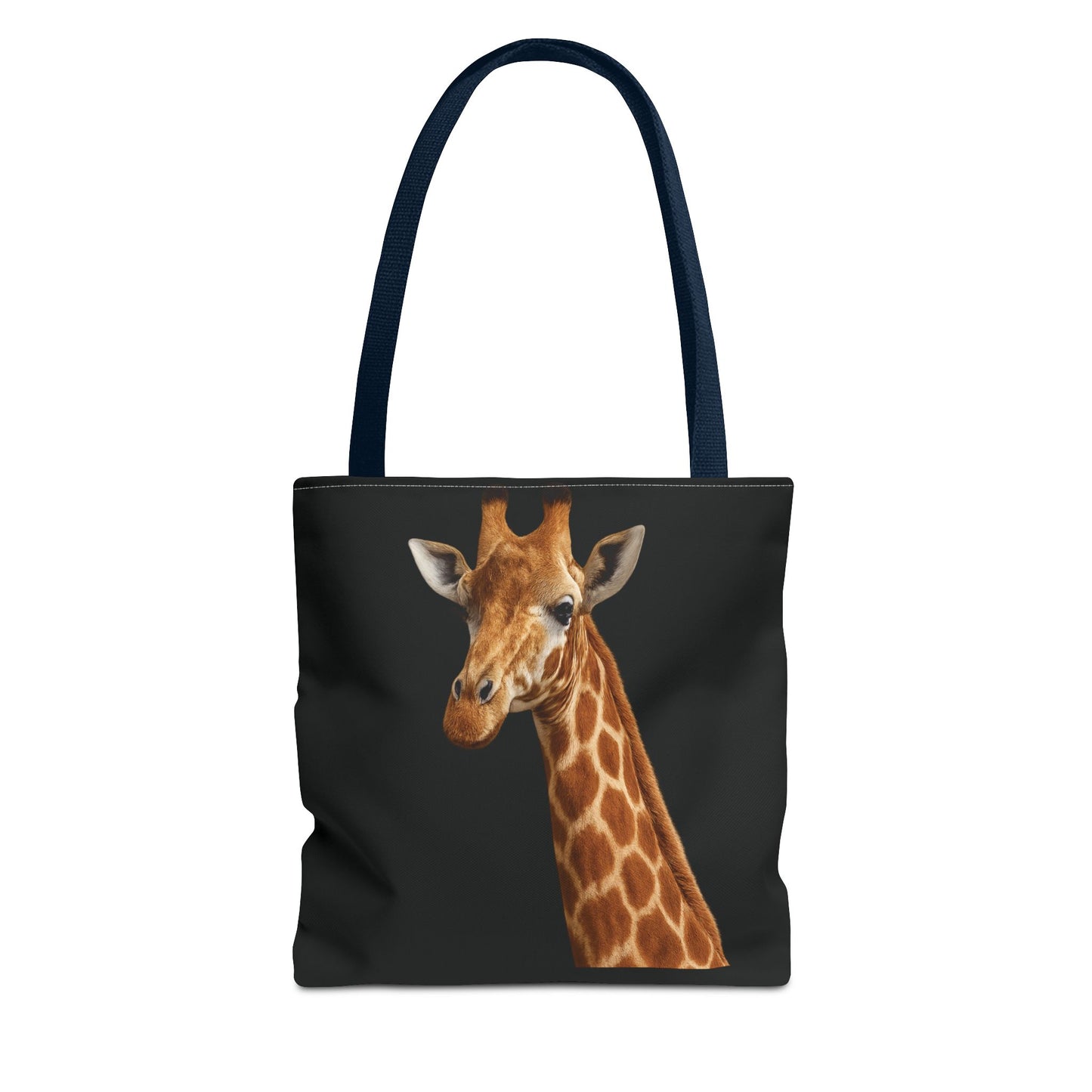 Mashafrica black tote bag with realistic giraffe head print on black background and navy shoulder straps spacious everyday carry