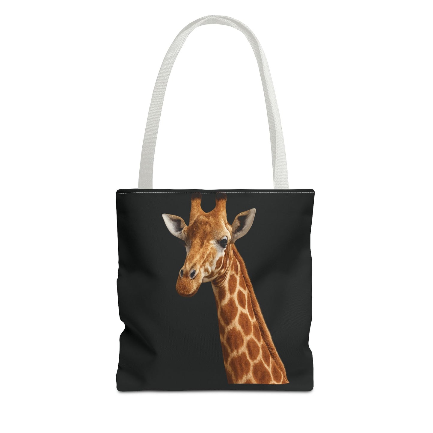 Mashafrica black tote bag with realistic giraffe portrait on front and white shoulder straps