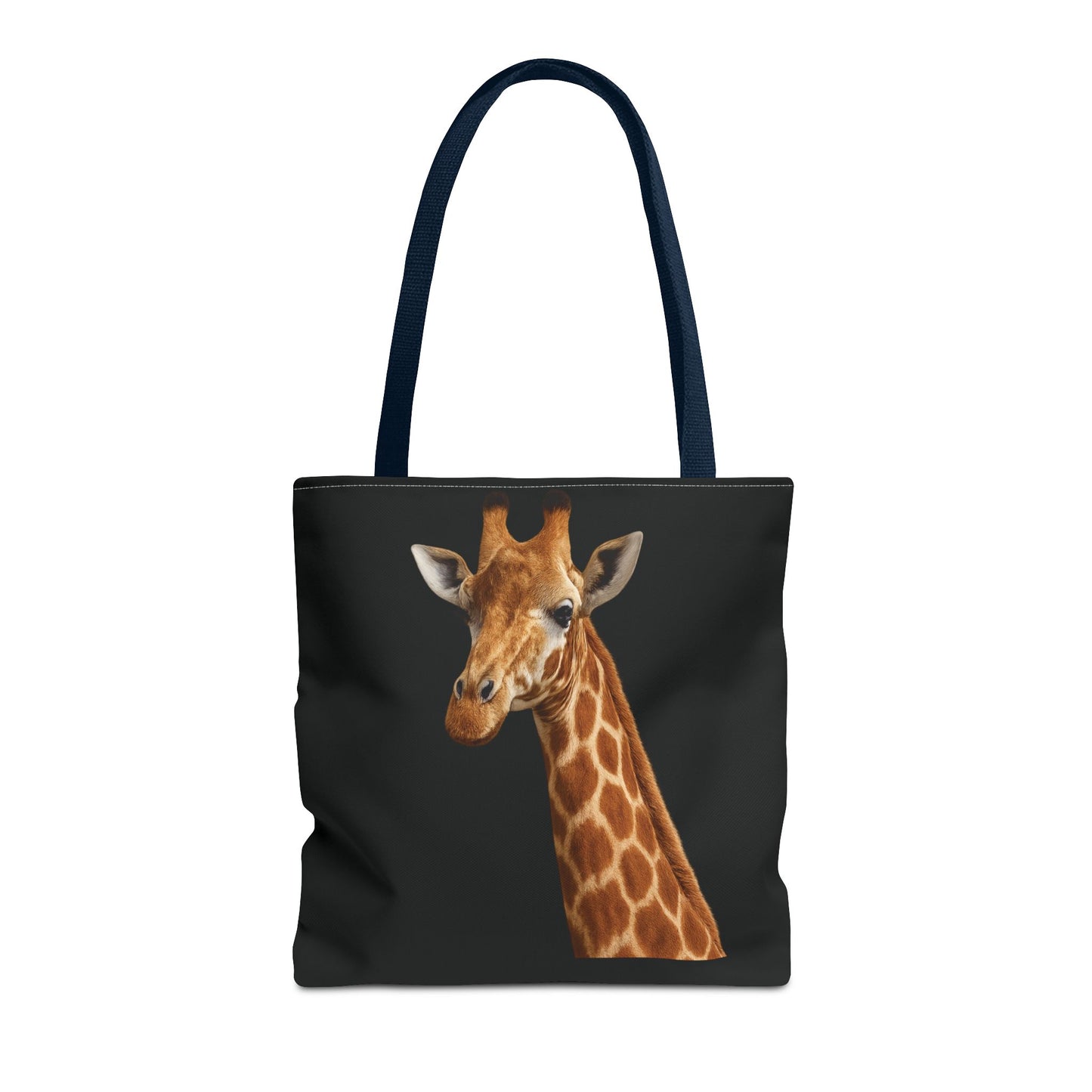 Mashafrica tote bag with realistic giraffe portrait on black background and navy handles for daily use