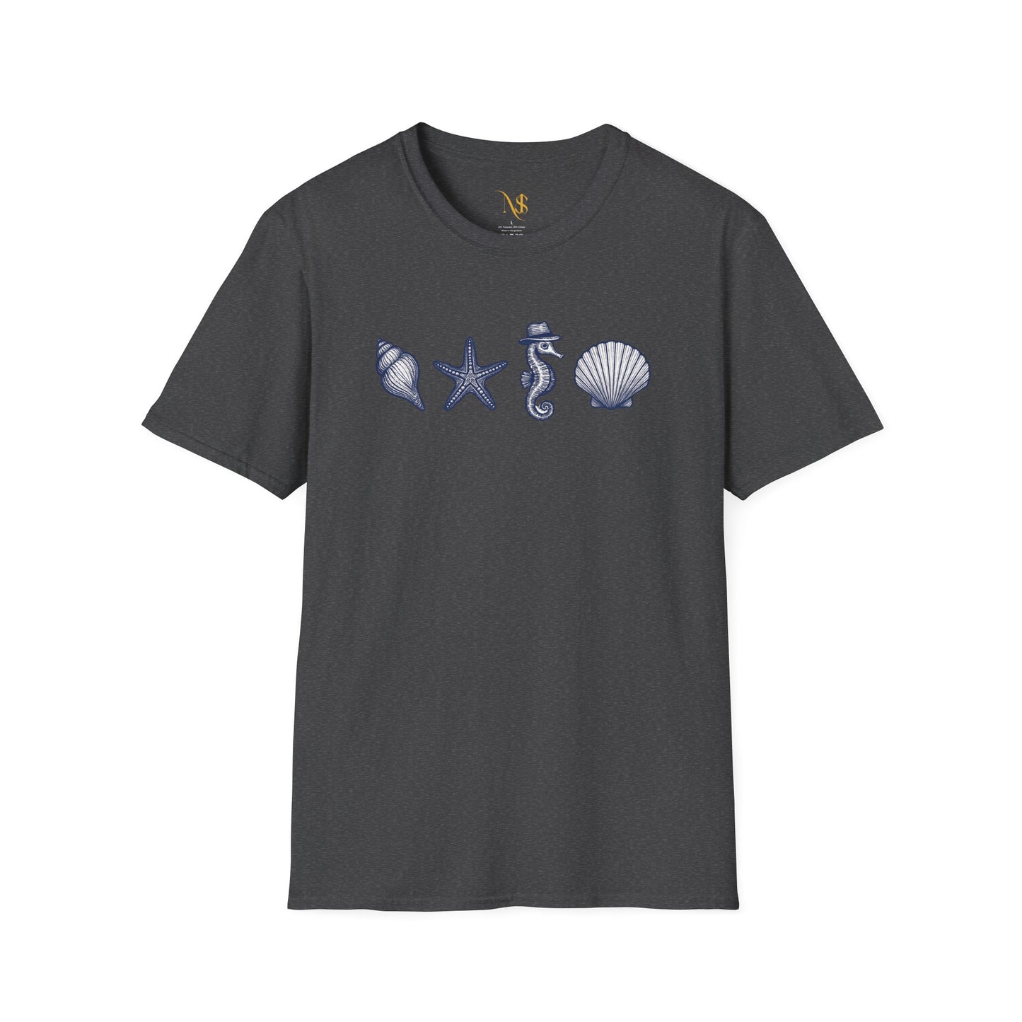 Mashafrica charcoal crew neck T shirt with blue seashell starfish seahorse icons perfect for beach wear