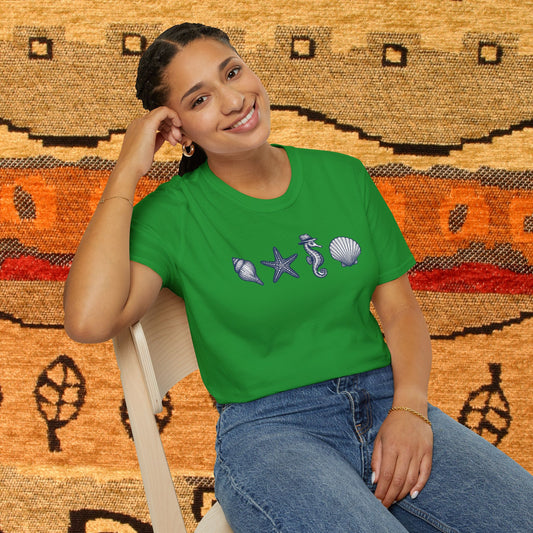Mashafrica green T shirt with seashell starfish and seahorse print on model casual beach day tee