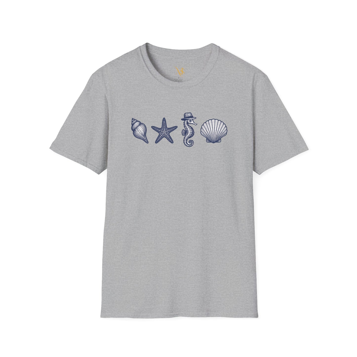 Mashafrica light gray T shirt with navy shell starfish seahorse and scallop graphics across chest for beach wear