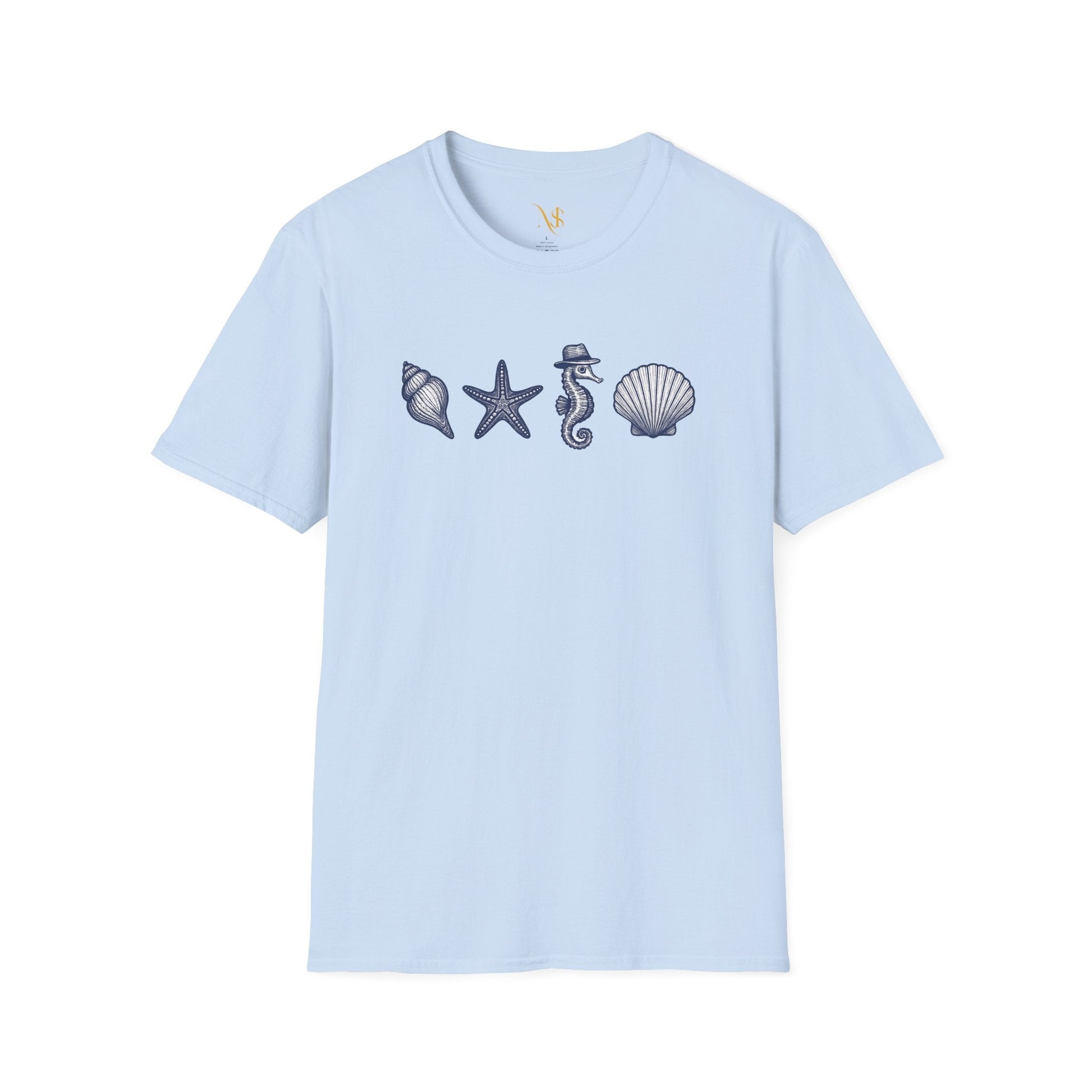 Mashafrica light blue T shirt with seashell starfish seahorse graphics across chest ideal for beach wear