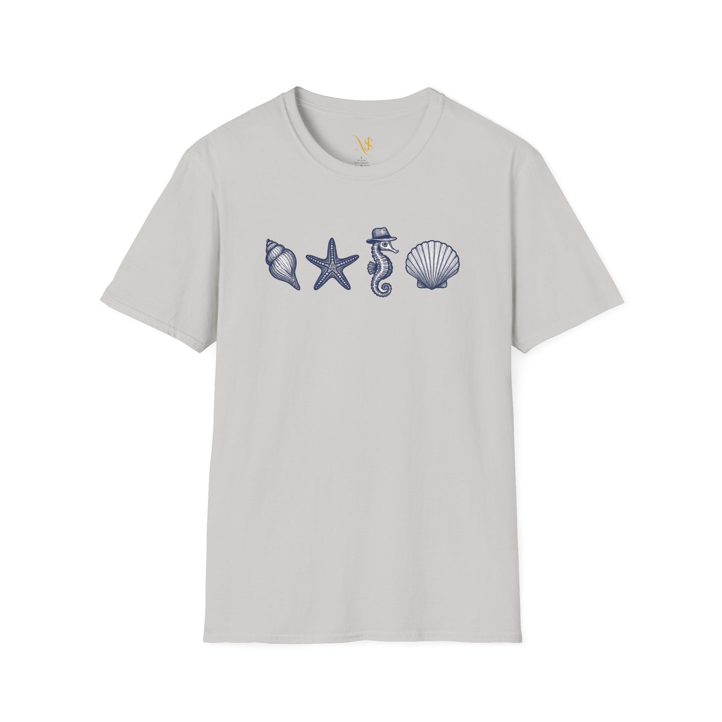 Mashafrica beach T shirt light gray with navy shell starfish seahorse hat and scallop chest print