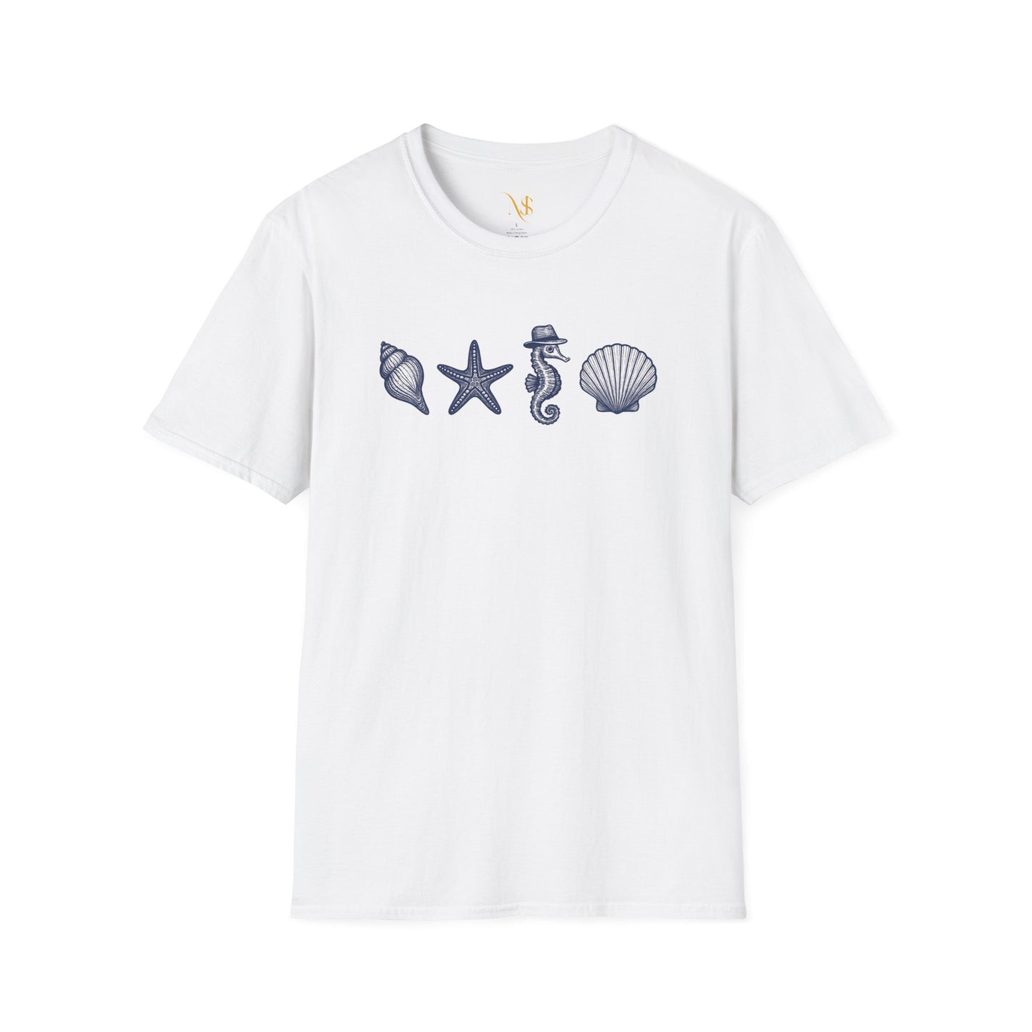 Mashafrica white crew neck T shirt with blue seashell starfish and seahorse chest print for beach wear