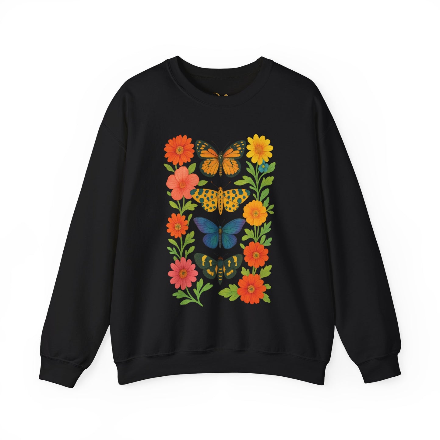 Mashafrica black sweatshirt with colorful butterflies and orange flowers vertical print cozy crewneck