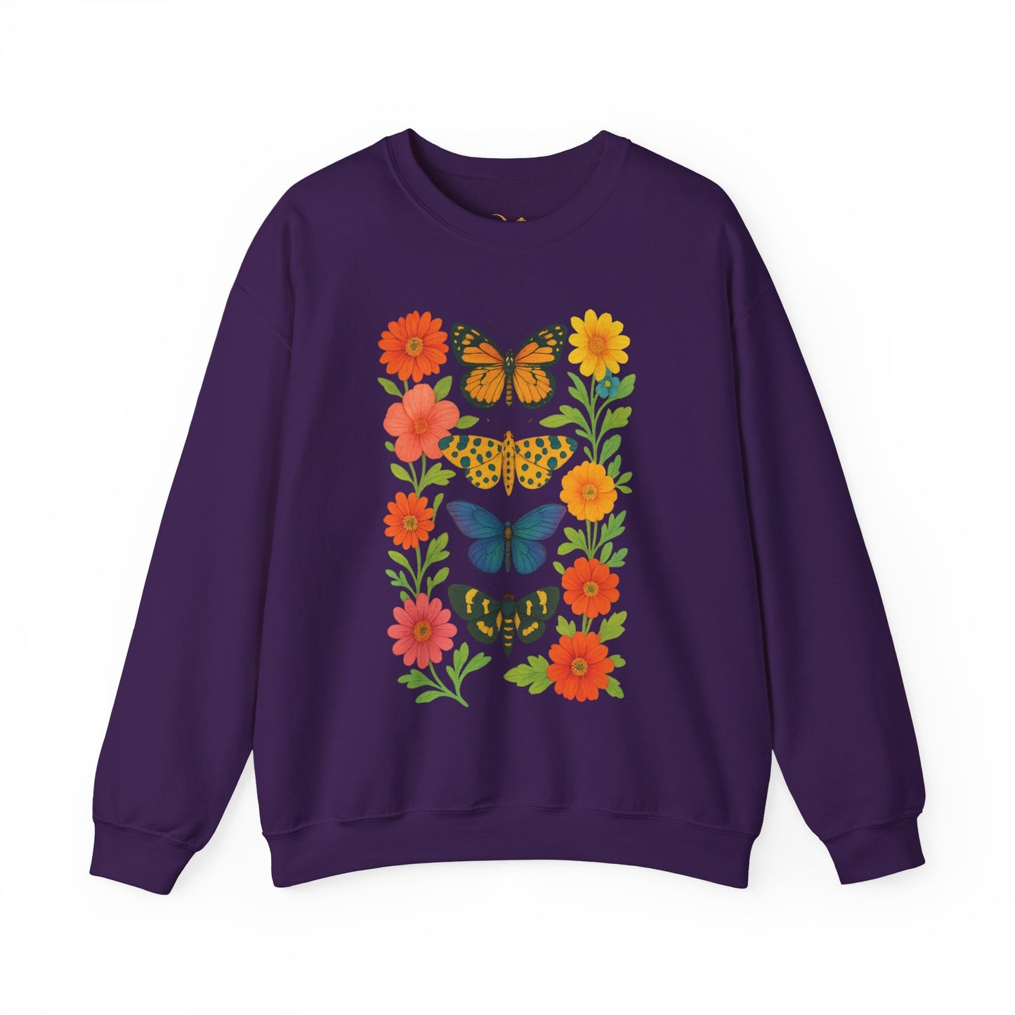 Mashafrica purple sweatshirt with vibrant butterfly and orange floral print on front long sleeve cozy crewneck