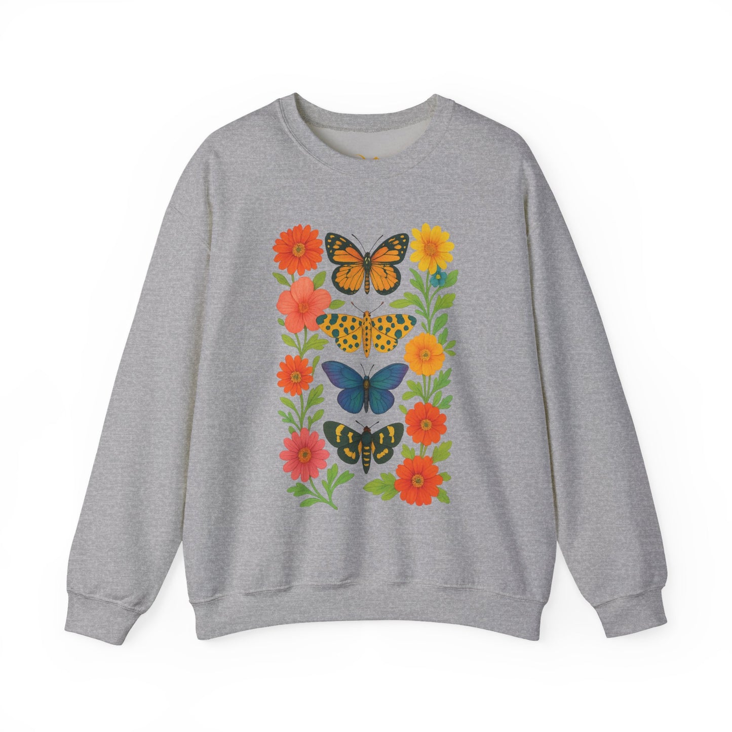 Mashafrica grey sweatshirt with colorful butterfly and floral print front cozy casual crewneck