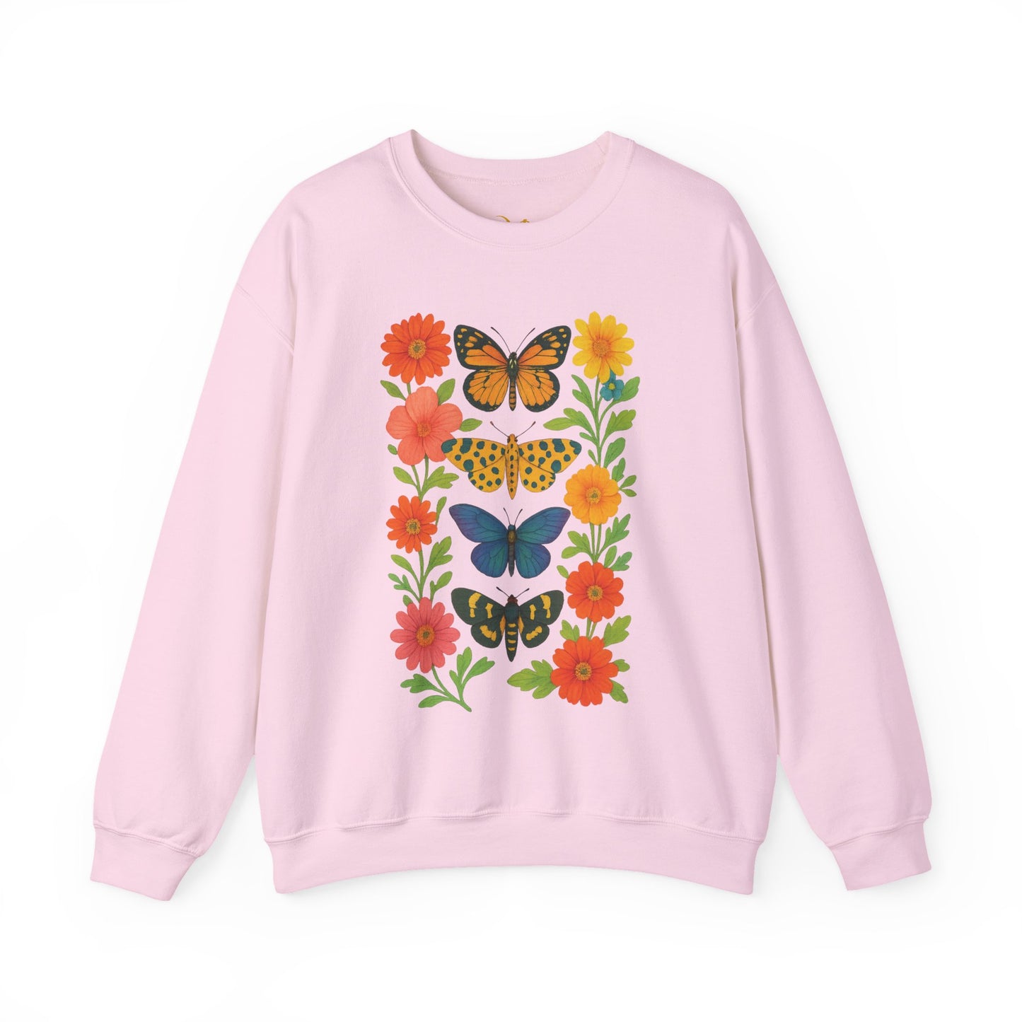 Mashafrica pink sweatshirt with colorful vertical butterfly and floral print crewneck for casual wear