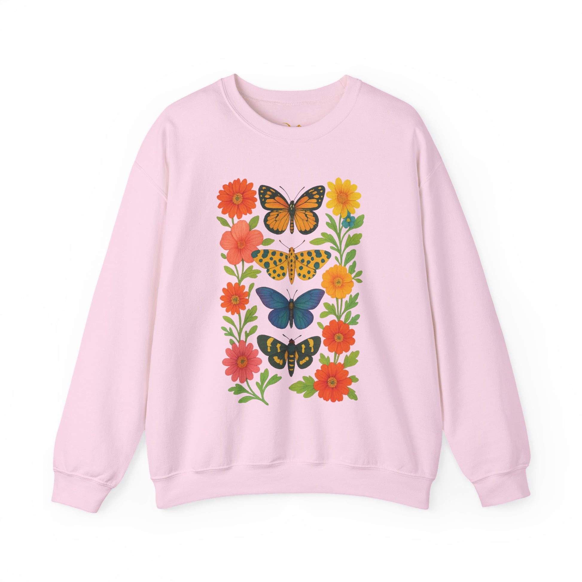 Mashafrica pink sweatshirt with colorful vertical butterfly and floral print crewneck for casual wear