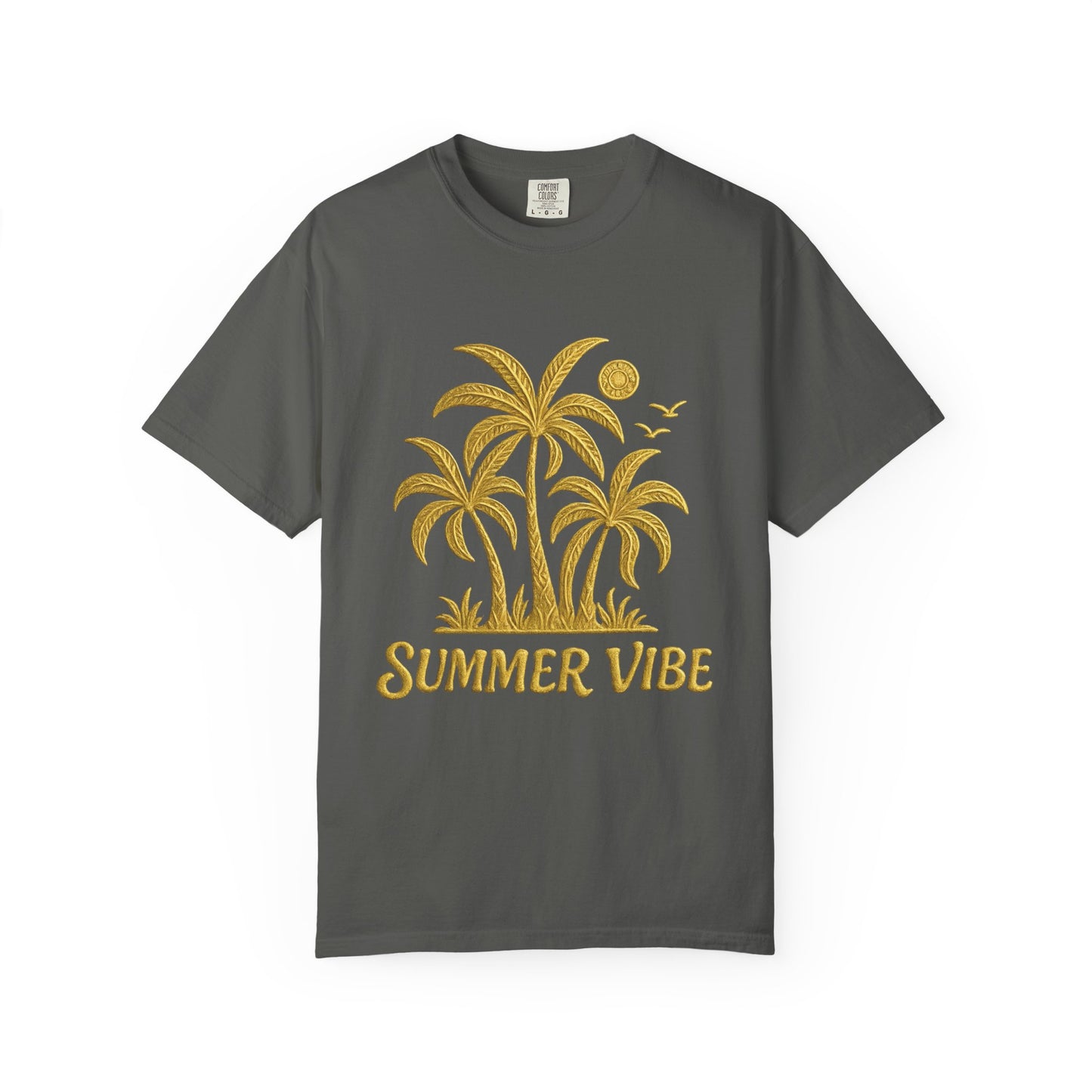 Mashafrica gray cotton t shirt with yellow palm tree graphic and summer vibe text ideal for beach wear