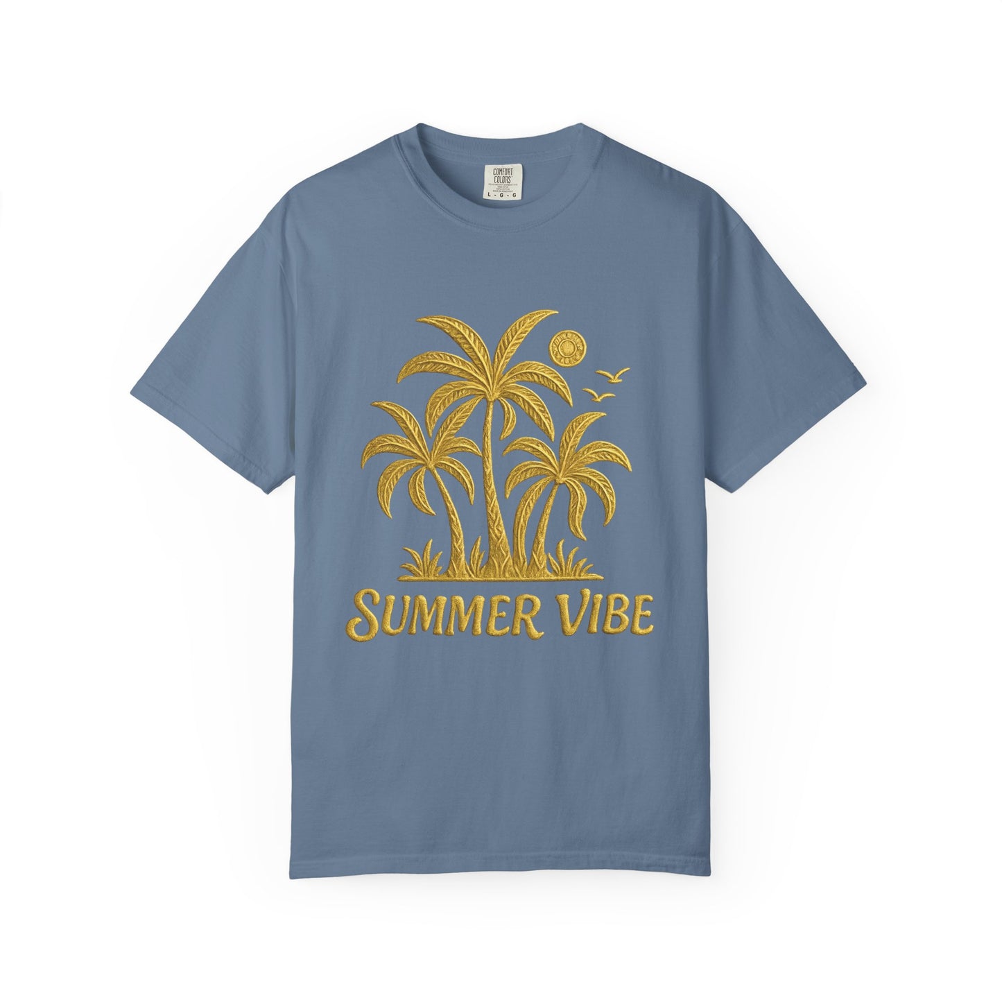 Mashafrica blue T shirt with yellow palm tree graphic and SUMMER VIBE text perfect for summer wear