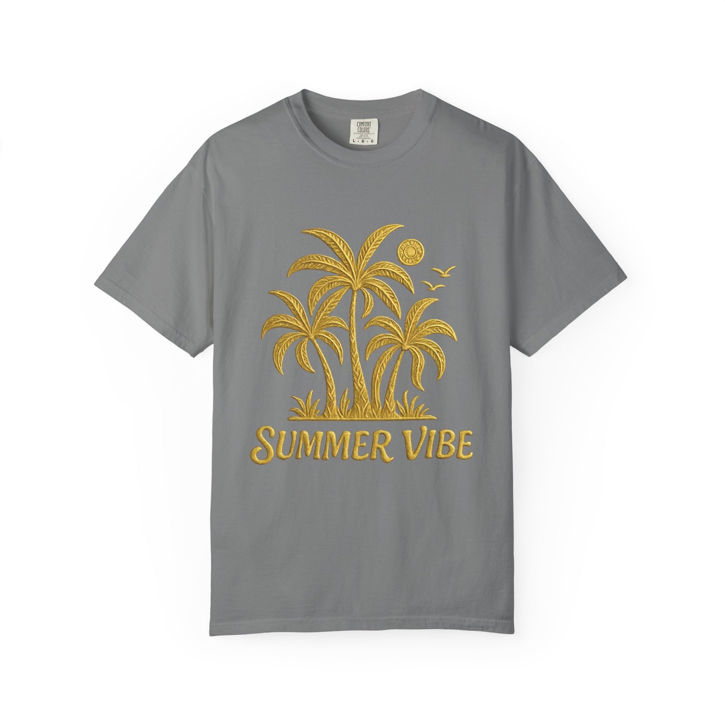 Mashafrica gray T shirt with yellow palm tree graphic and SUMMER VIBE print ideal for beach summer outings