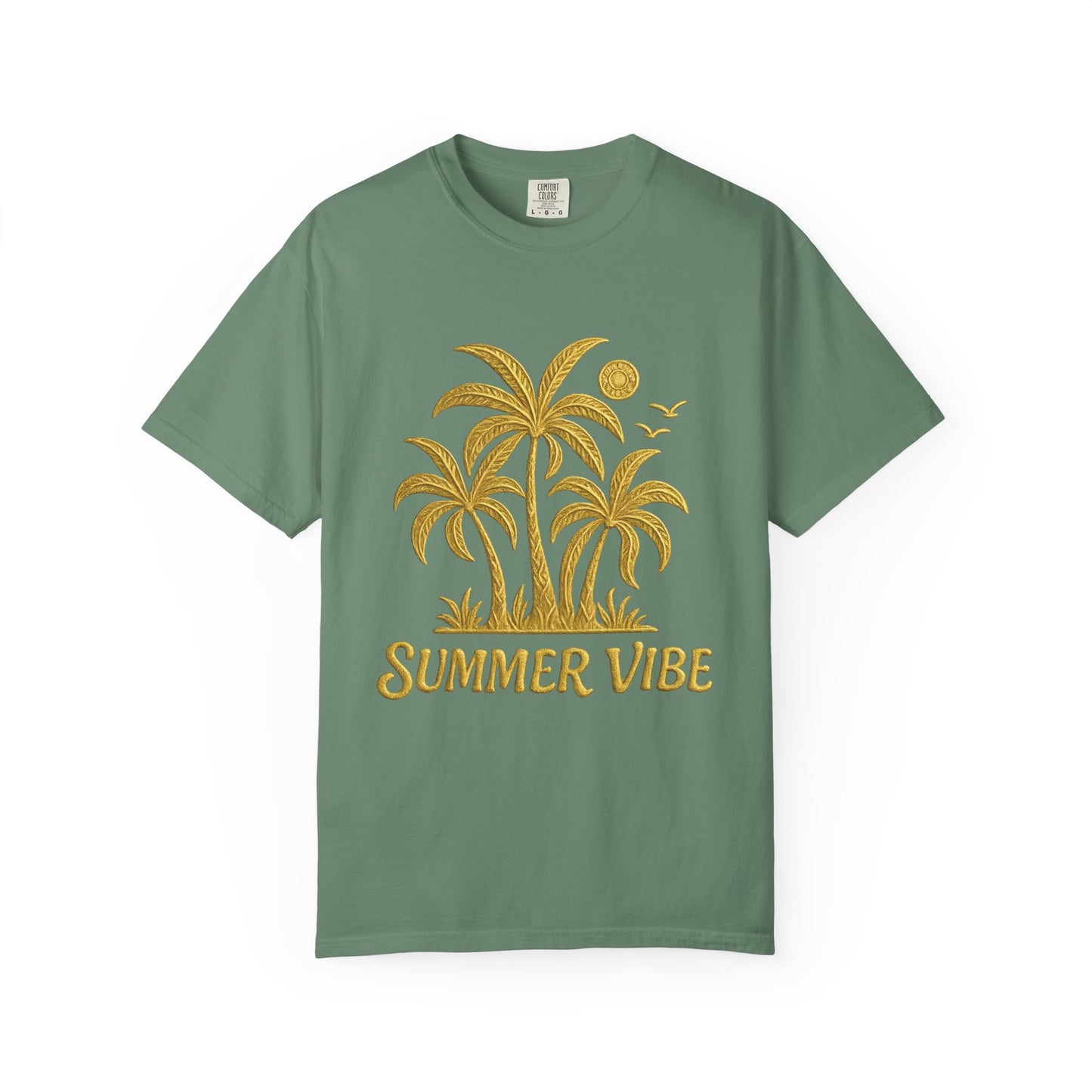 Mashafrica green t shirt with yellow palm tree graphic and SUMMER VIBE text casual summer tee