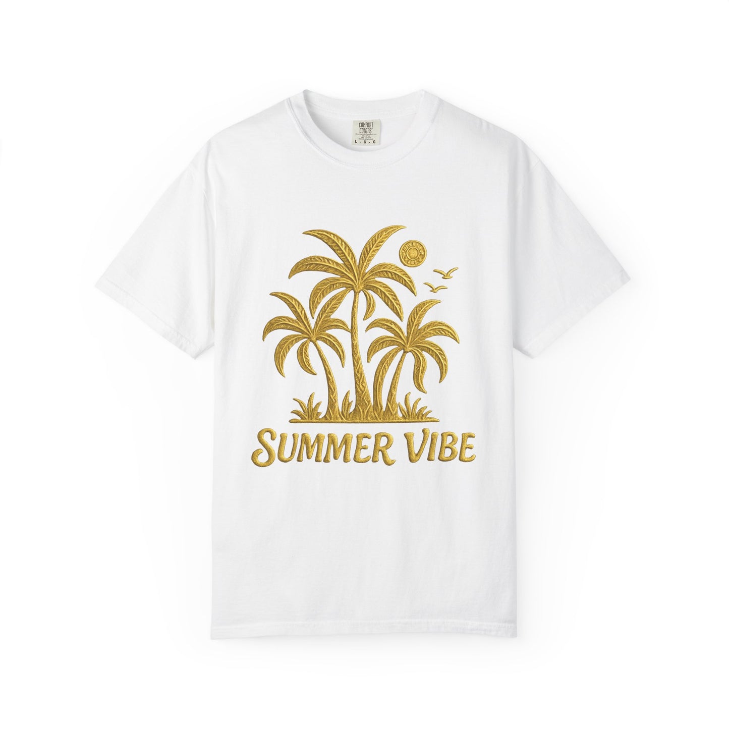 Mashafrica white T shirt with gold palm tree graphic and summer vibe text printed on front