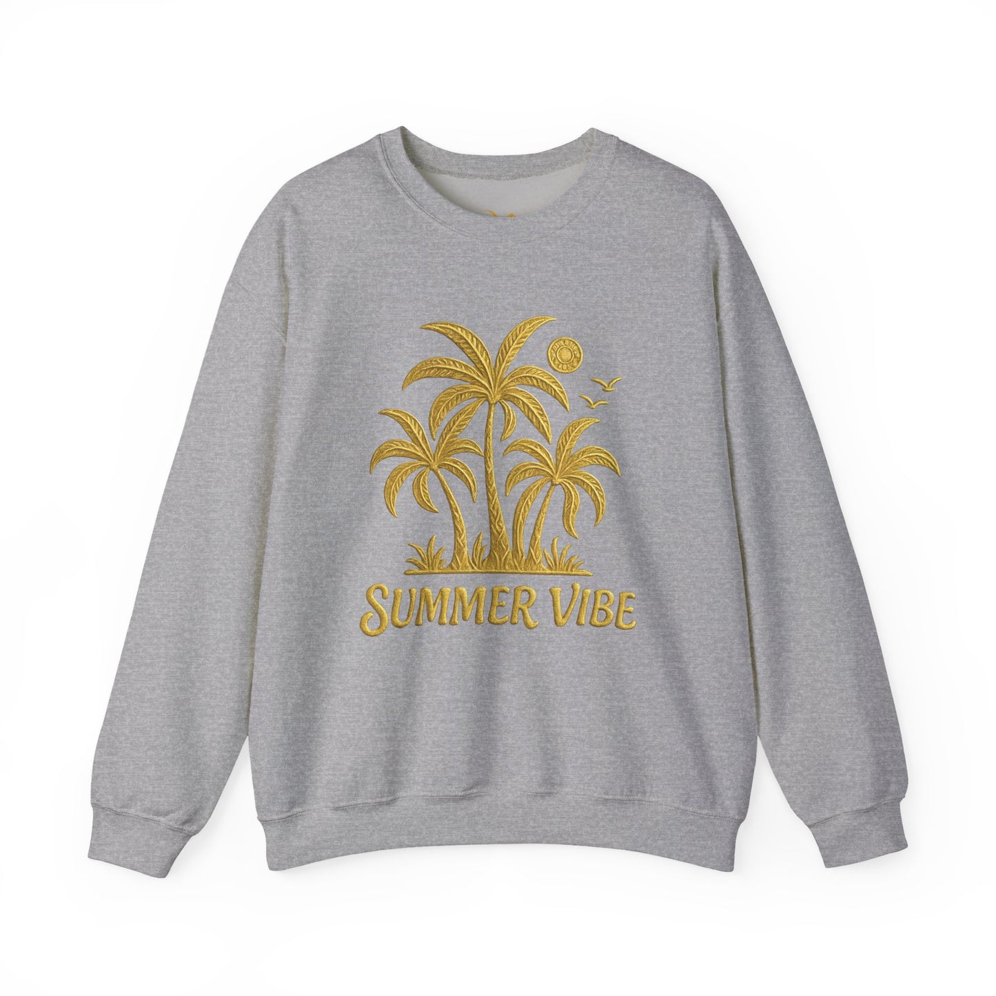 Mashafrica grey crewneck sweatshirt with gold palm tree summer vibe graphic and long sleeves