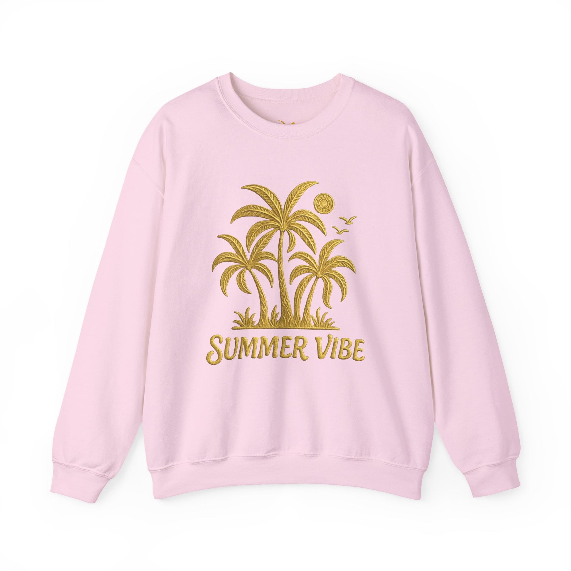 Mashafrica light pink crewneck sweatshirt with gold palm tree Summer Vibe graphic long sleeve casual