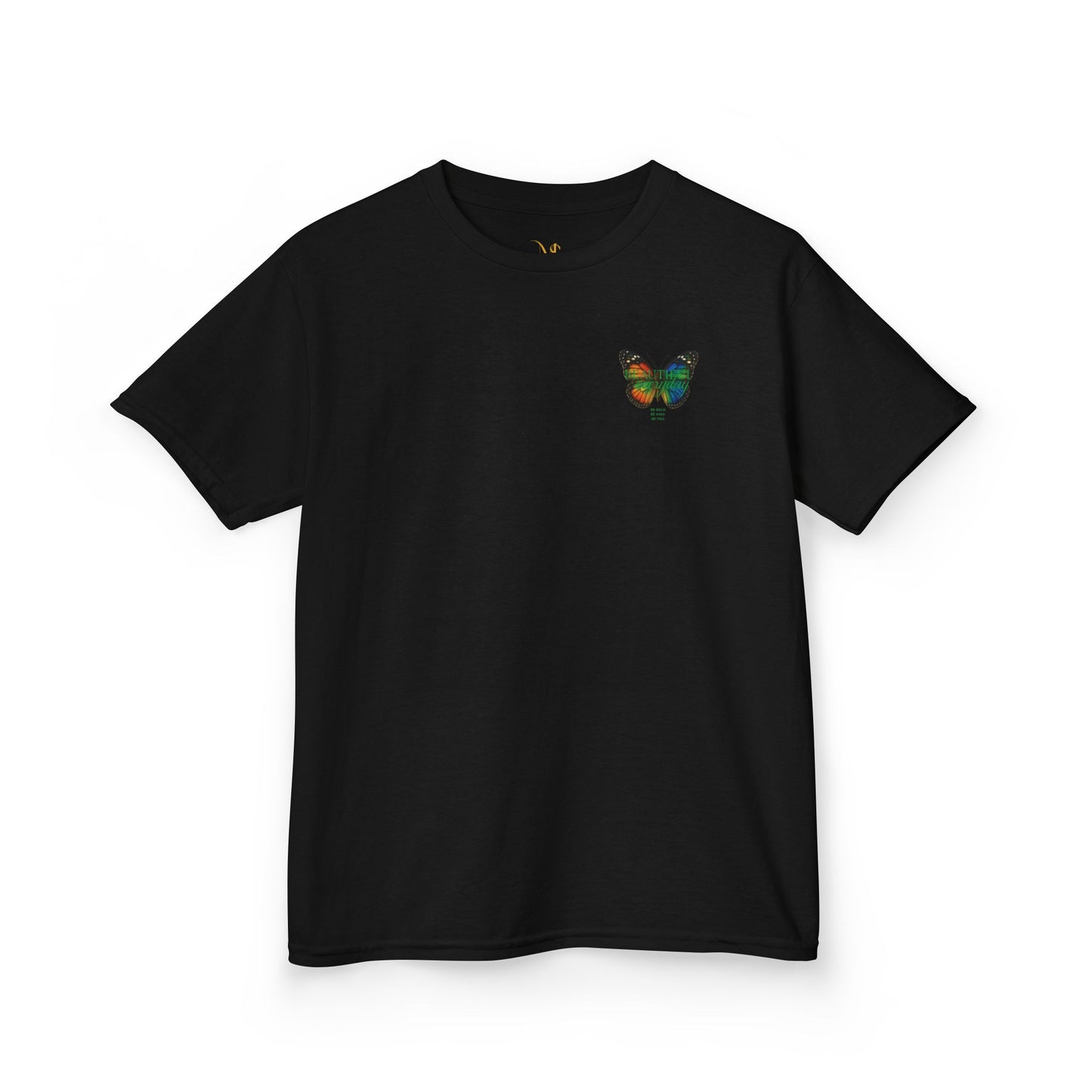 Mashafrica kids black t shirt with small colorful butterfly chest print short sleeve cotton tee
