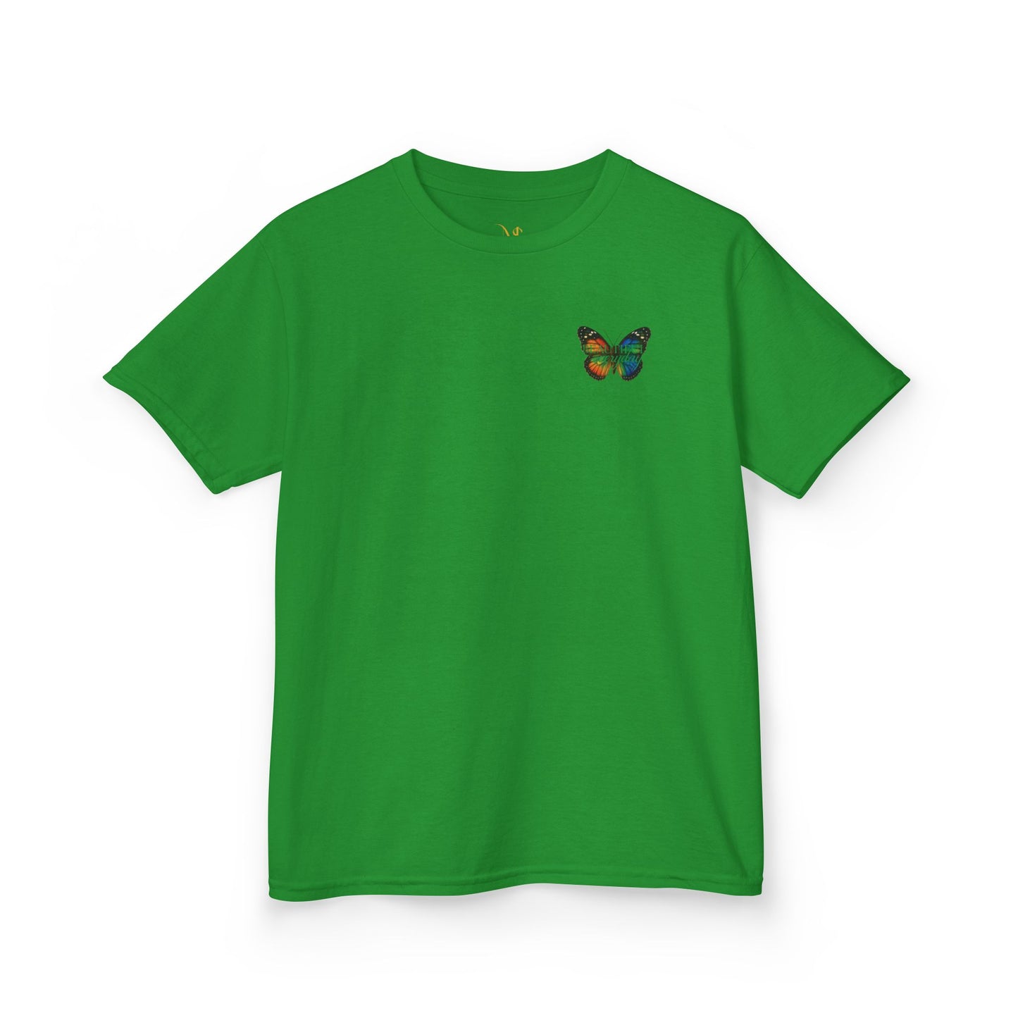 Mashafrica kids green cotton t shirt with small multicolor butterfly chest print casual tee