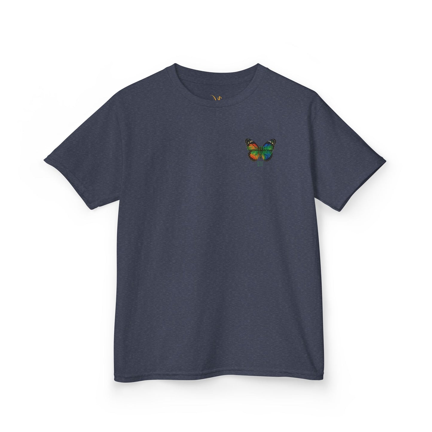 Mashafrica navy kids t shirt with small colorful butterfly chest print soft cotton crew neck