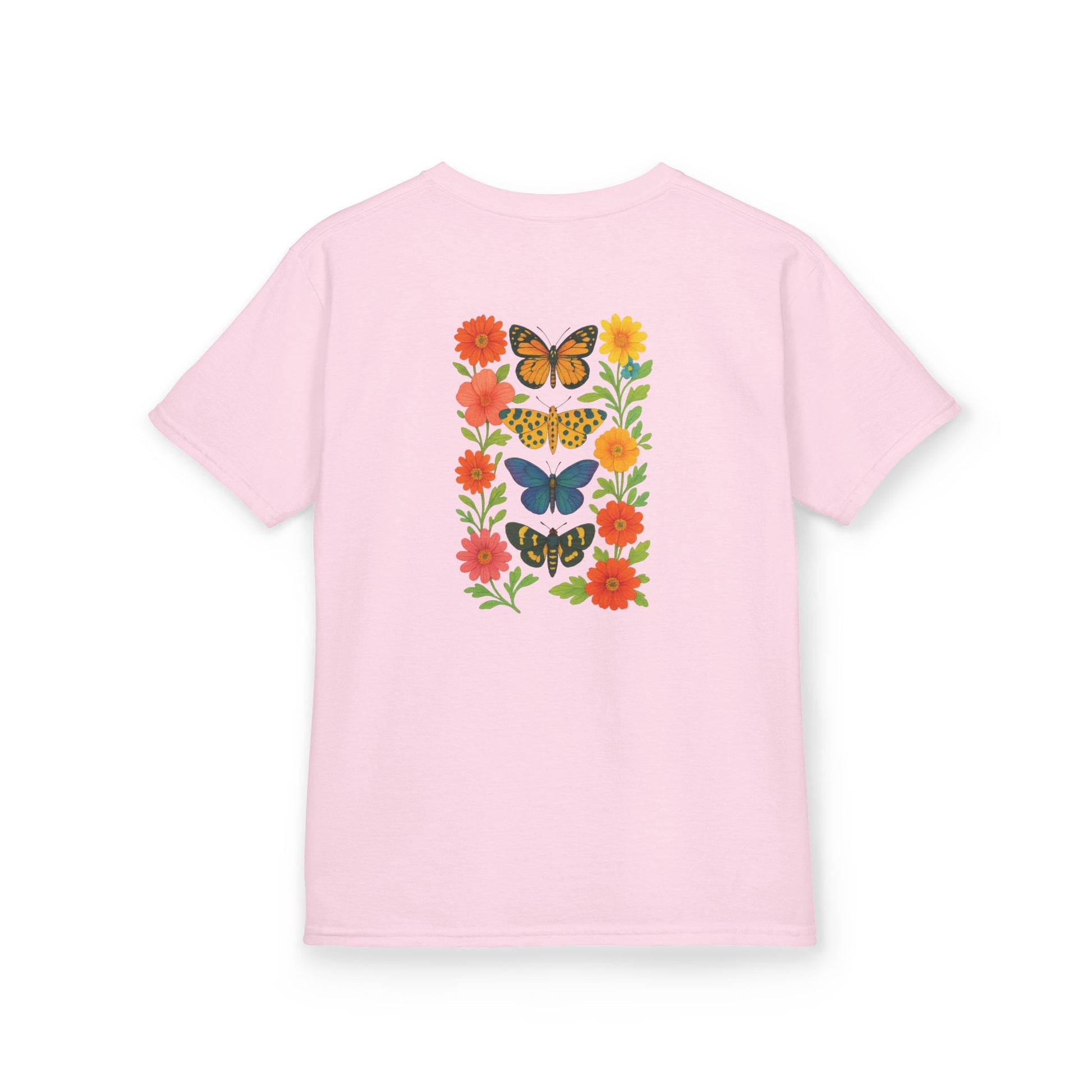 Mashafrica pink kids t shirt with colorful butterfly and floral print on back