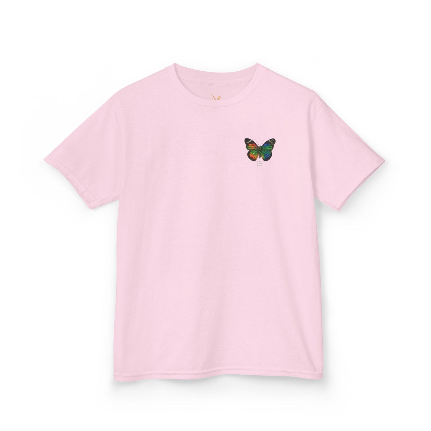 Mashafrica pink kids t shirt with small colorful butterfly left chest print lightweight cotton tee
