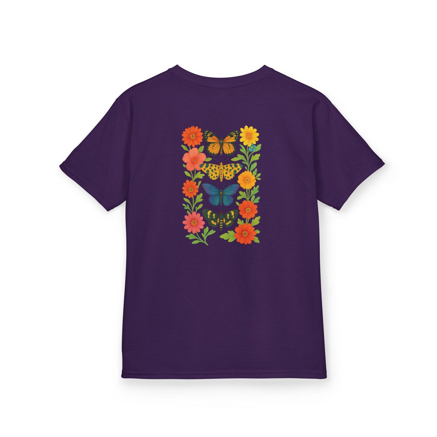 Mashafrica kids purple t shirt with colorful butterfly and floral print on back comfortable cotton tee