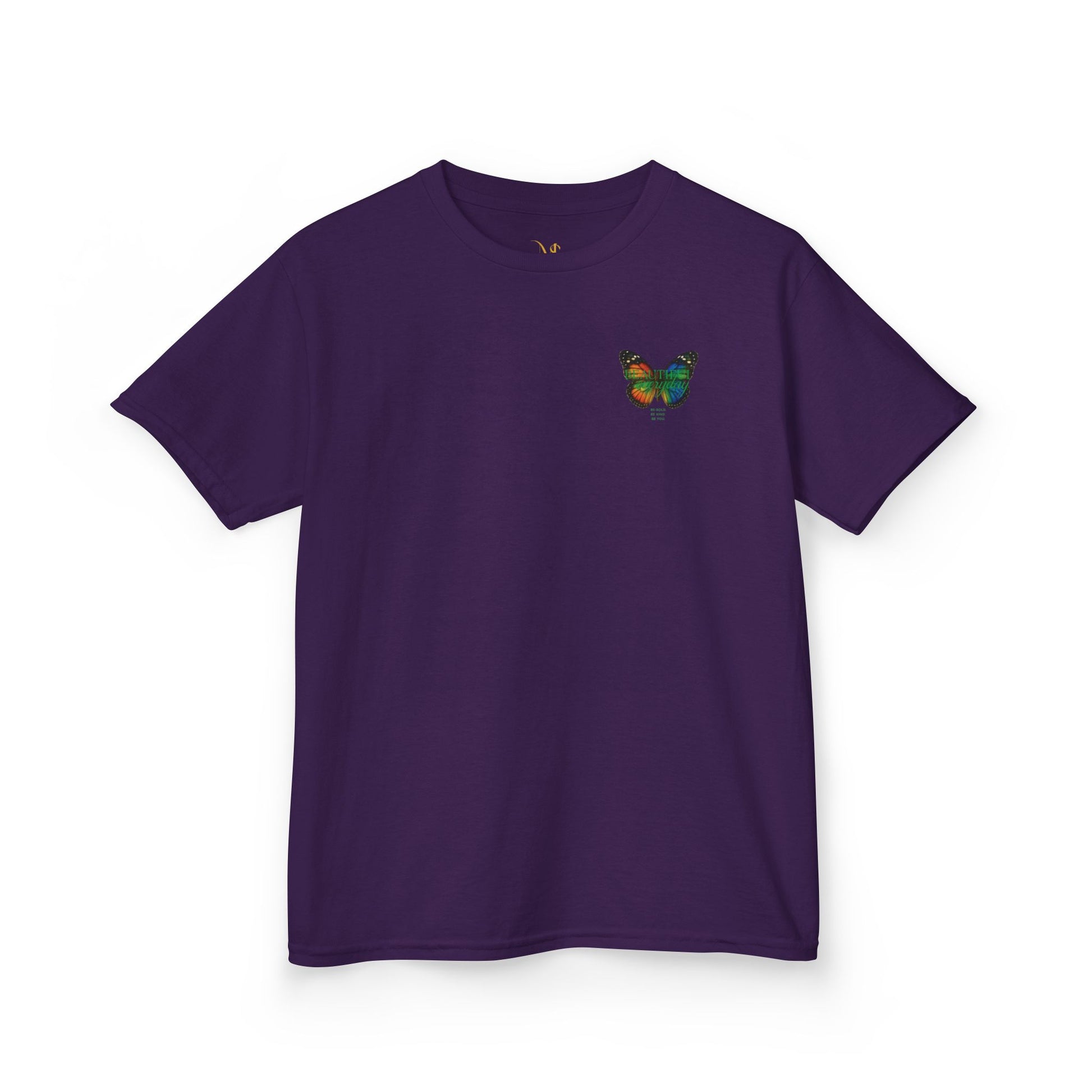 Mashafrica purple kids t shirt with small multicolor butterfly chest print soft cotton tee