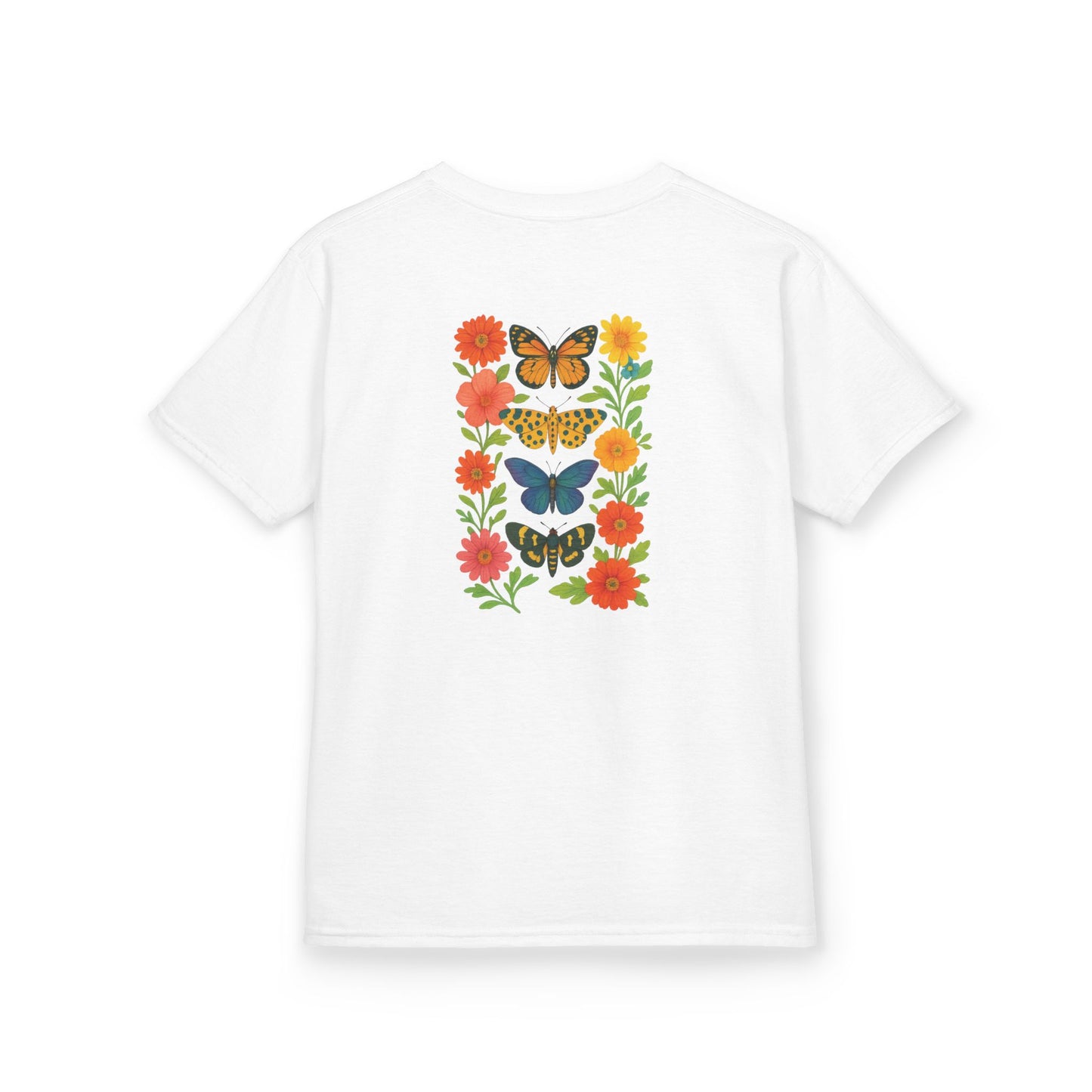 Mashafrica kids white t shirt with colorful stacked butterfly and floral print on back short sleeve