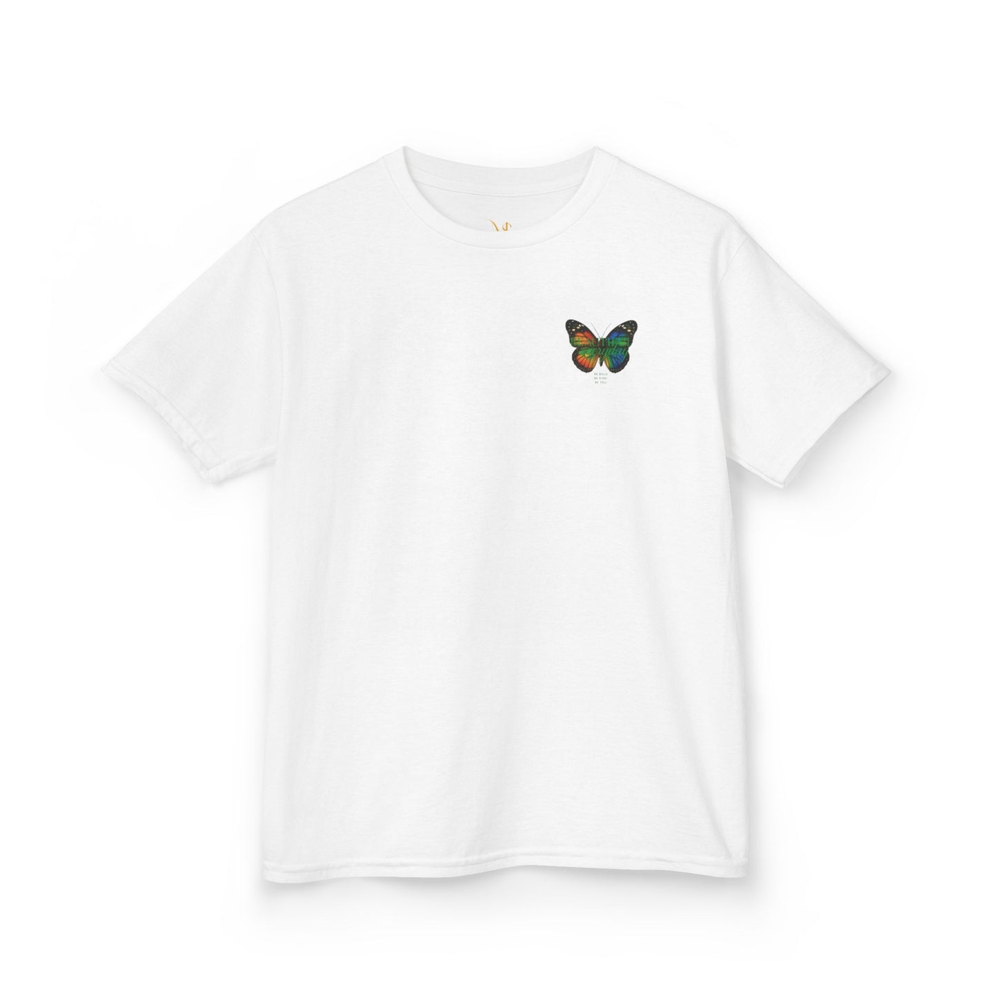 Mashafrica white kids t shirt with small green and orange butterfly chest print soft cotton