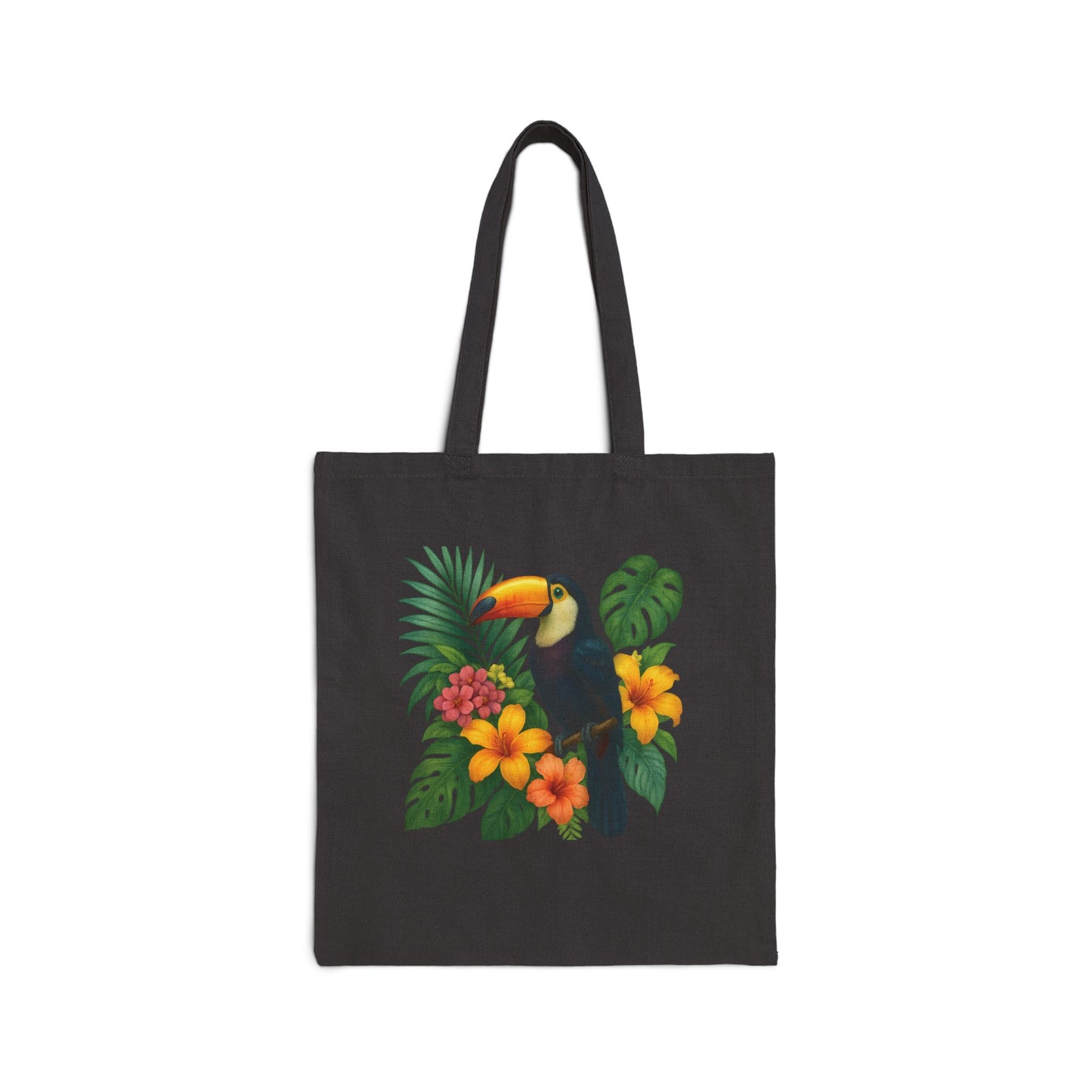 Mashafrica black tote bag with colorful toucan and tropical orange hibiscus flowers and green leaves