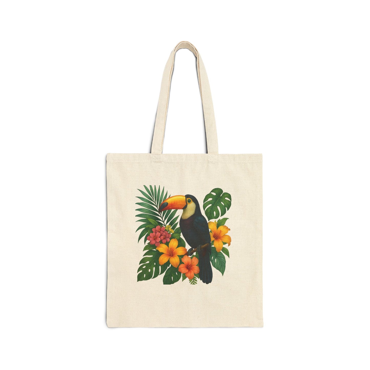 Mashafrica cream canvas tote bag with colorful toucan, tropical leaves and orange hibiscus flowers, long handles