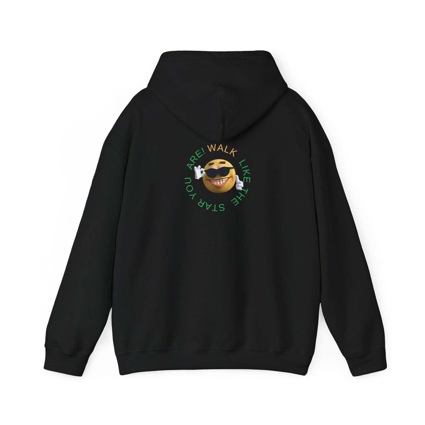 Mashafrica black hoodie back view with small smiling emoji graphic and Walk Like The Star You Are text