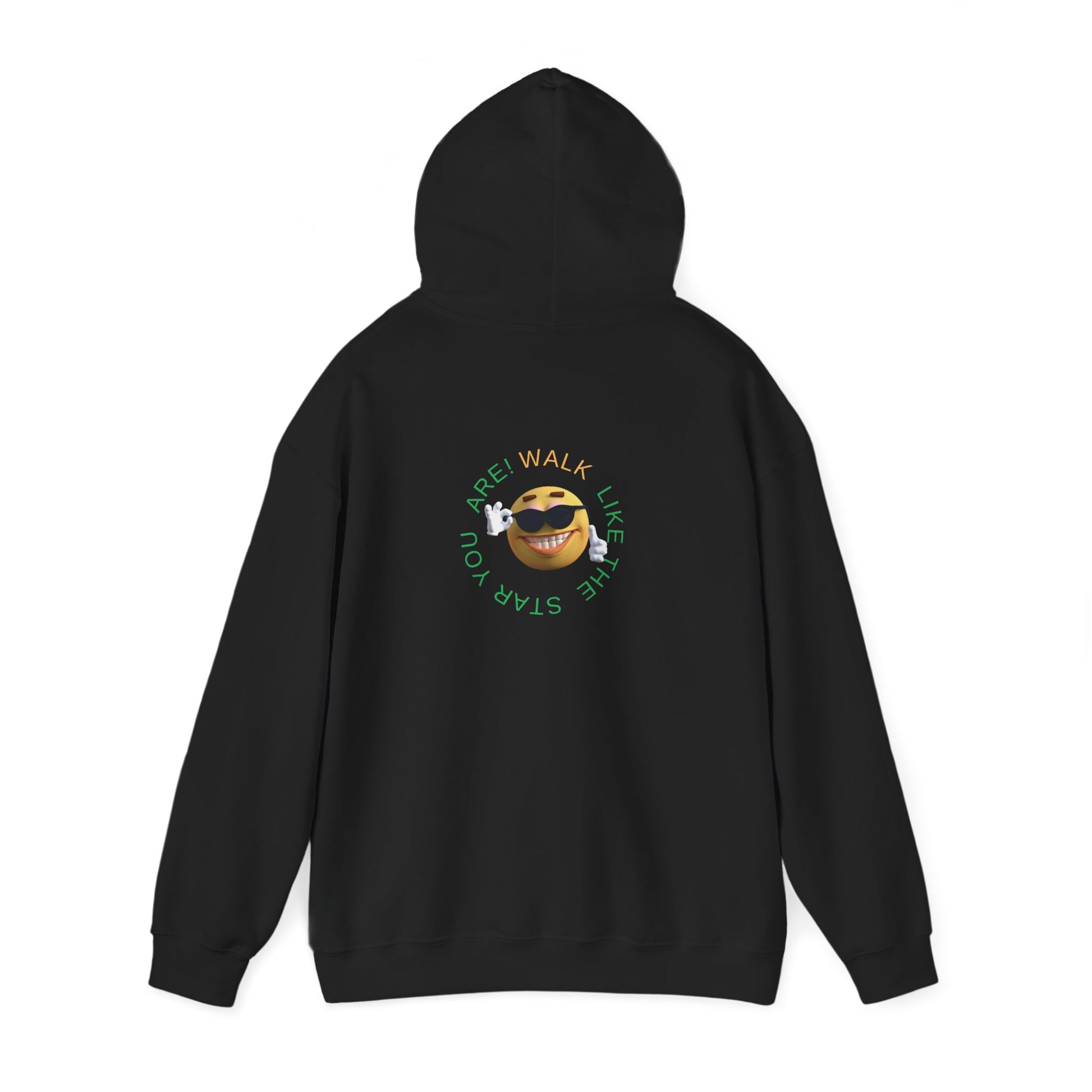 Mashafrica black hoodie with small back circular smiley wearing sunglasses graphic and Walk Like the Star You Are text