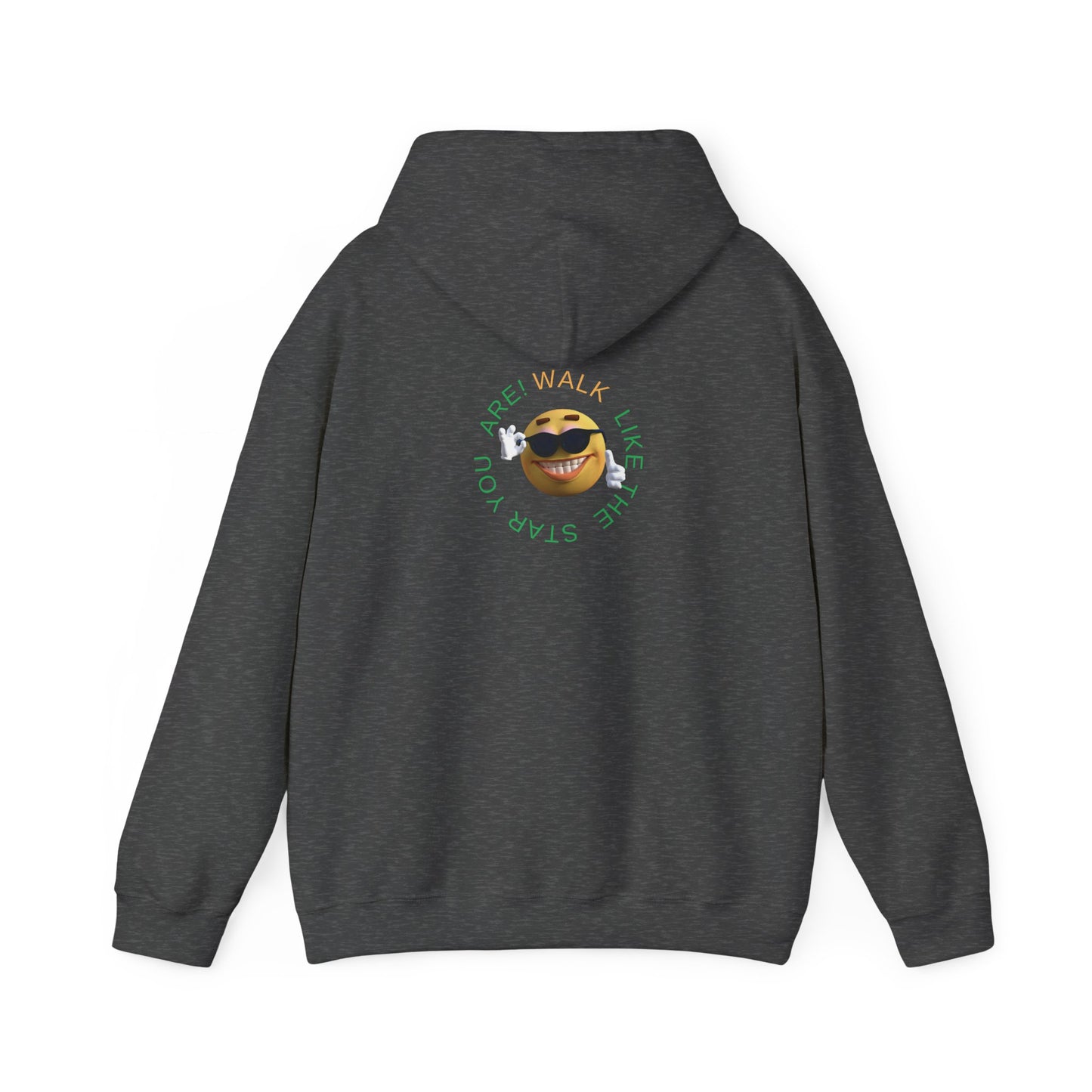 Mashafrica charcoal hoodie back view with small smiley sunglasses graphic and green circular text logo