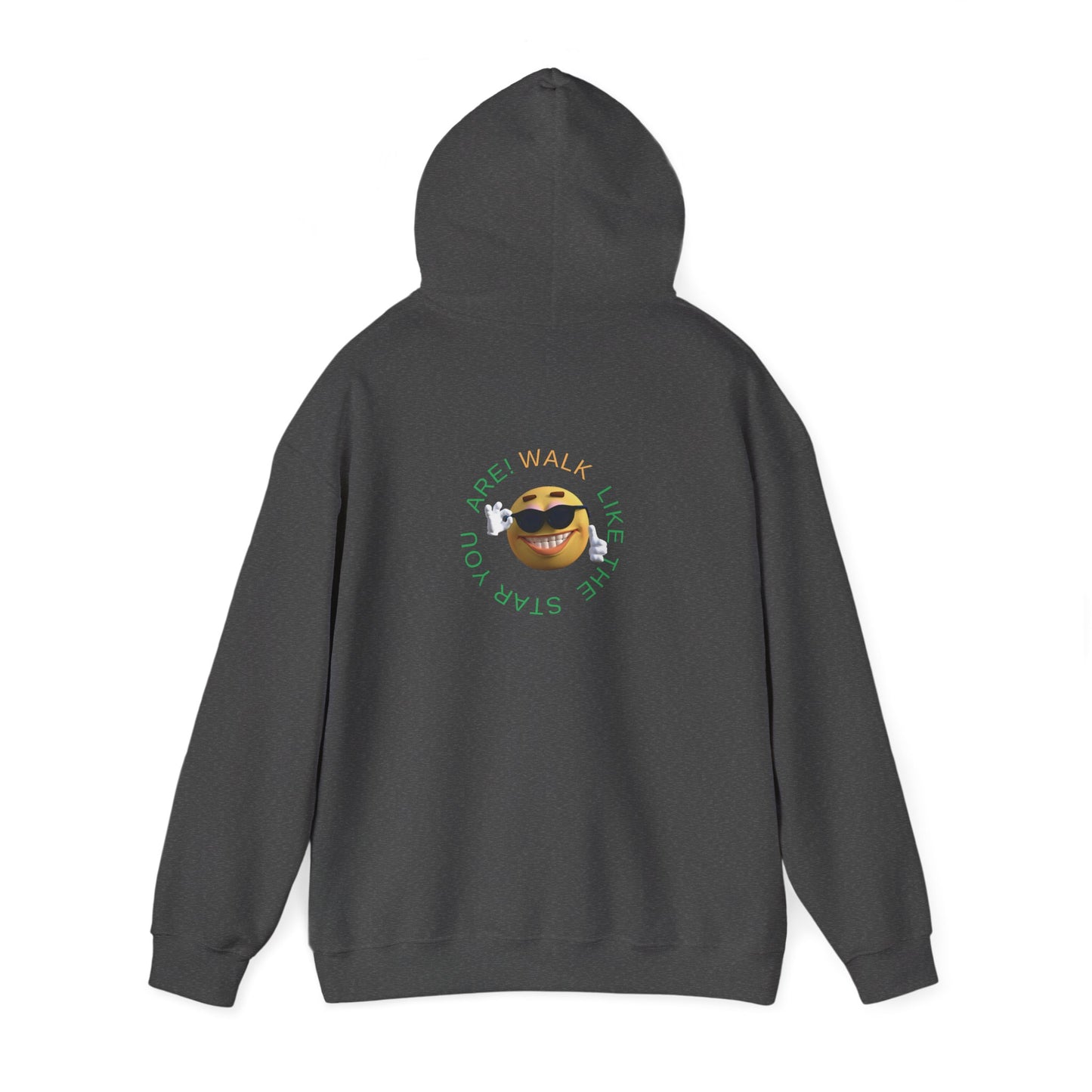 Mashafrica dark gray hoodie back view with smiling sunglasses emoji and circular green text graphic