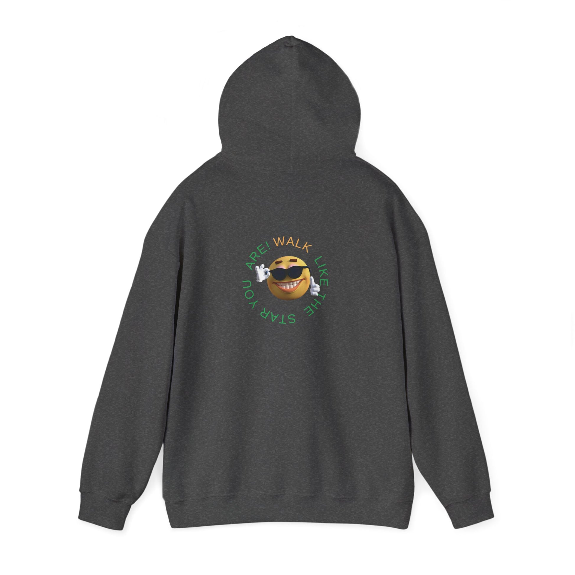 Mashafrica dark gray hoodie back view with smiling sunglasses emoji and circular green text graphic