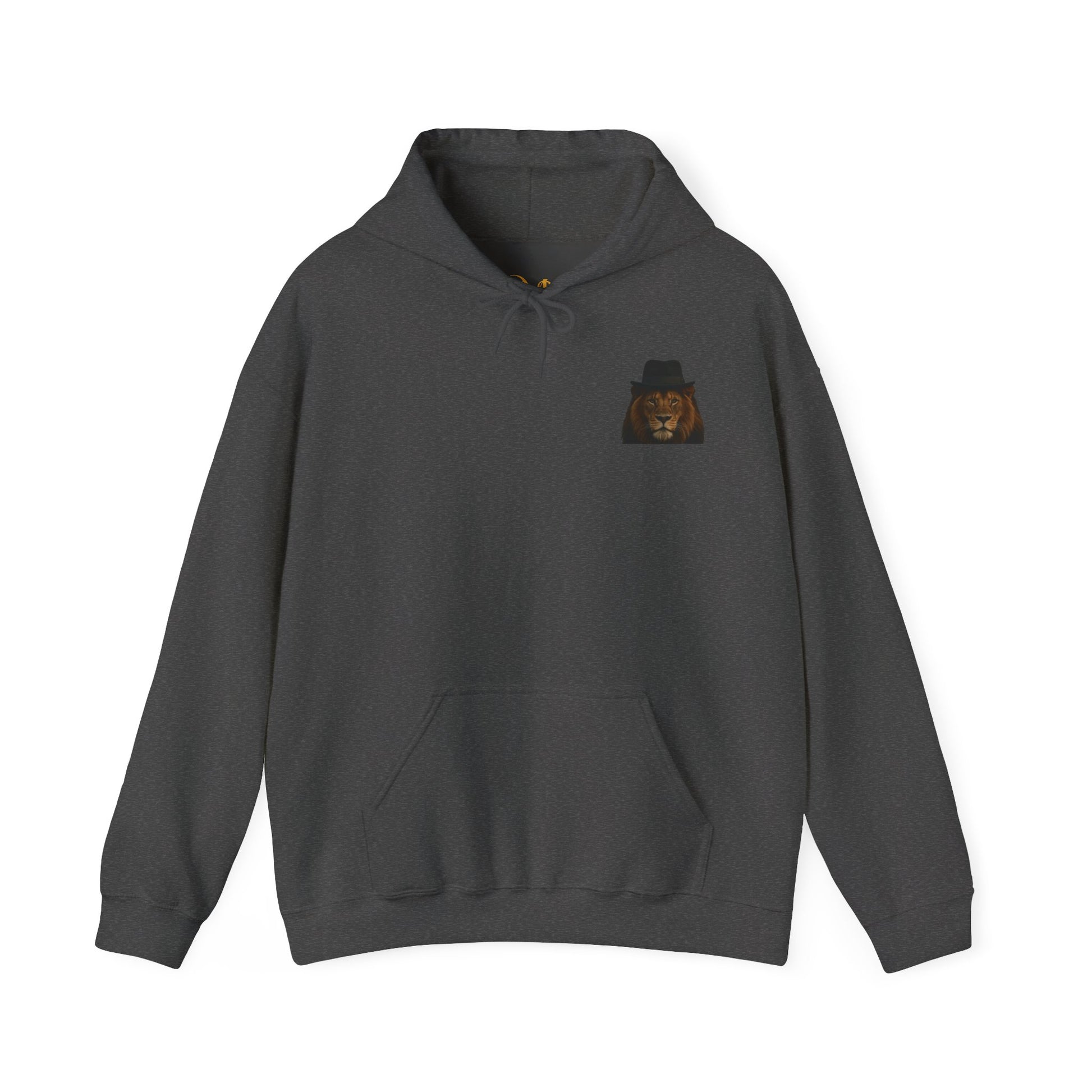 Mashafrica dark gray hoodie with front kangaroo pocket drawstring hood and small lion wearing hat chest logo
