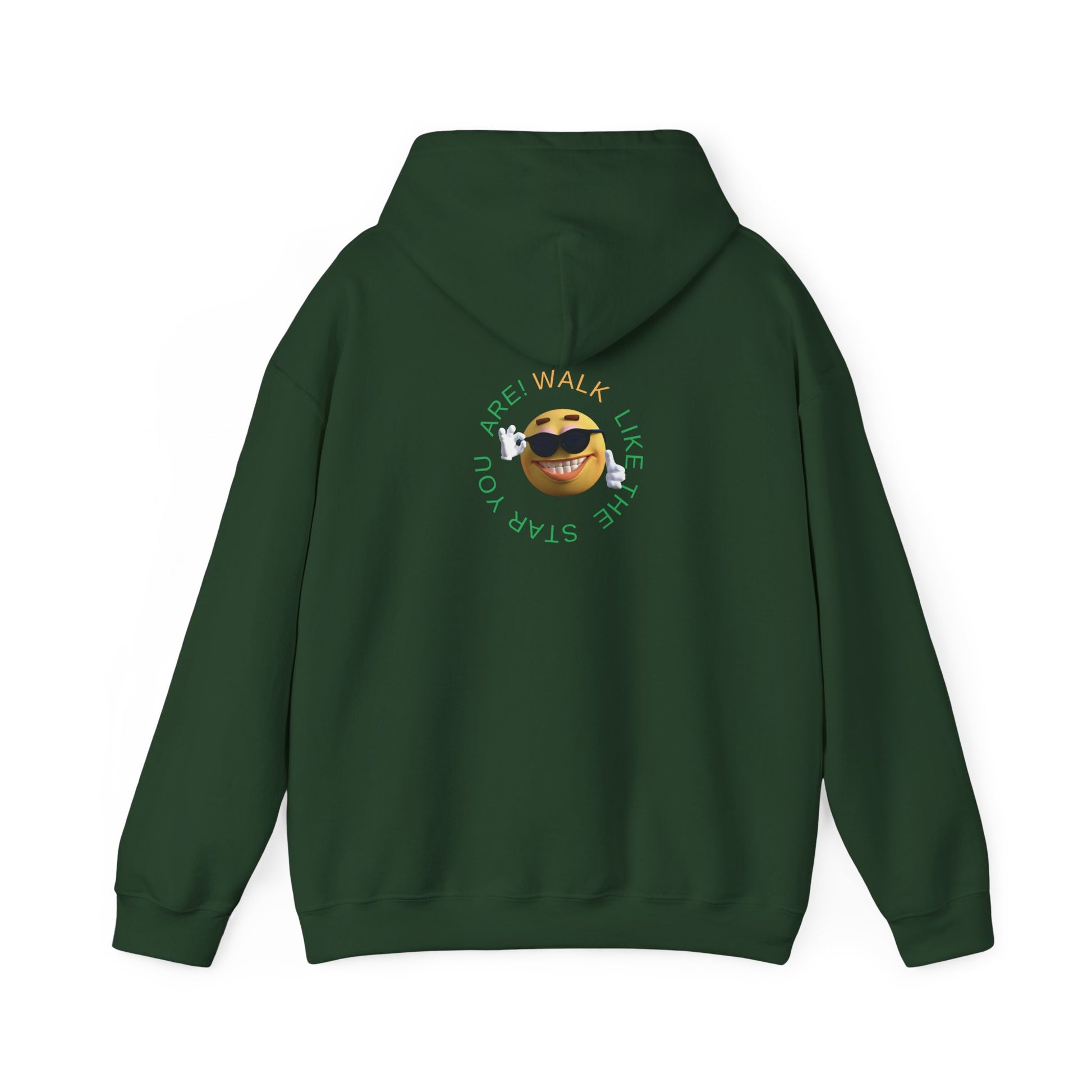Mashafrica-style dark green hoodie with smiley face graphic and text on the back