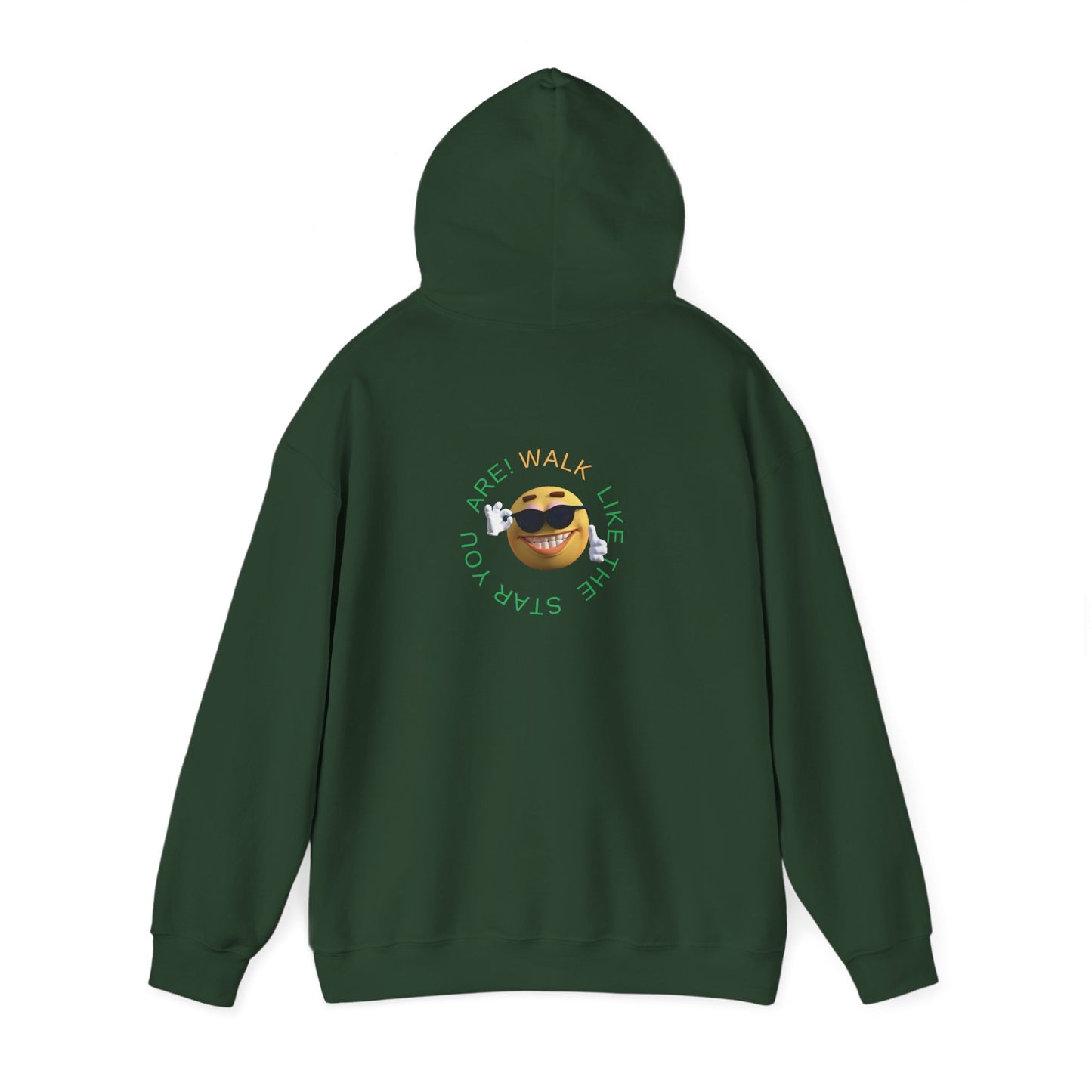 Mashafrica dark green hoodie shown from back with centered circular sunglasses emoji graphic and motivational slogan