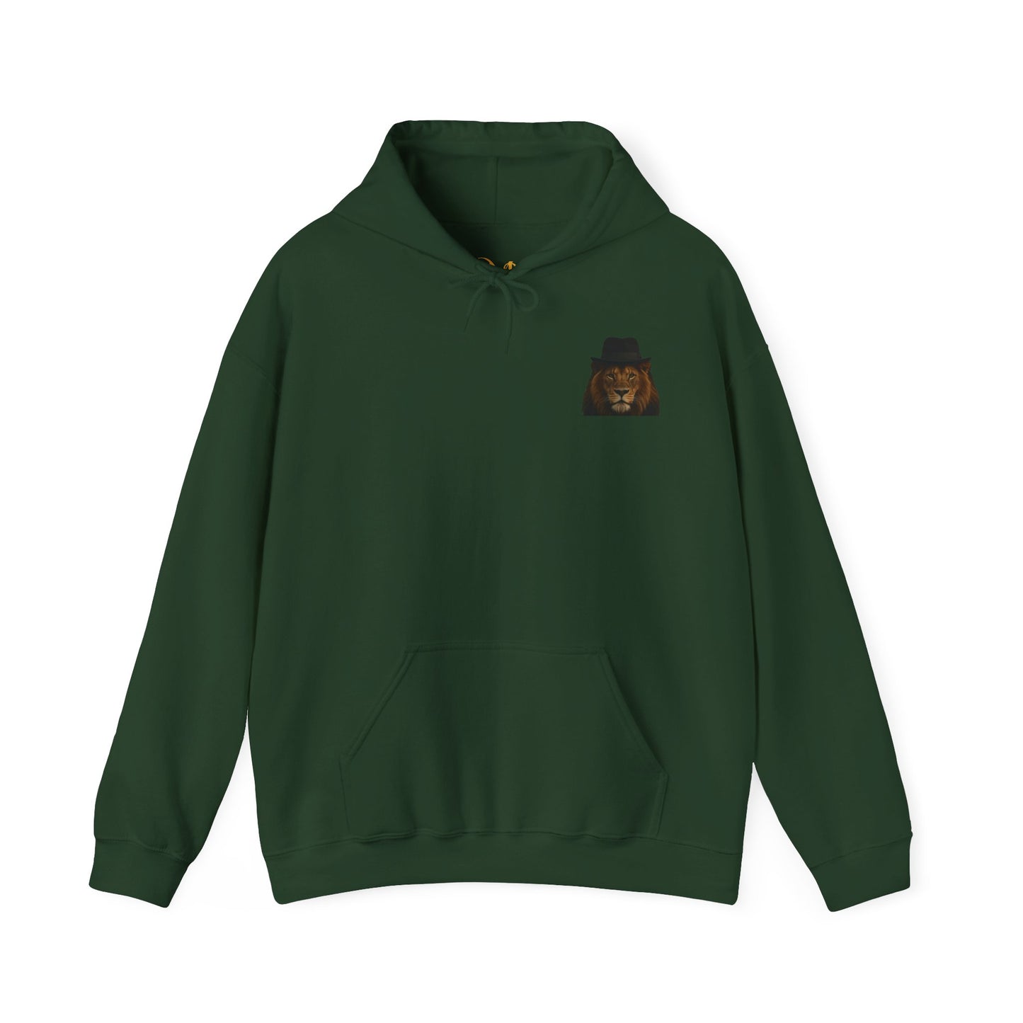 Mashafrica dark green hoodie with lion wearing hat chest emblem and kangaroo pocket casual pullover