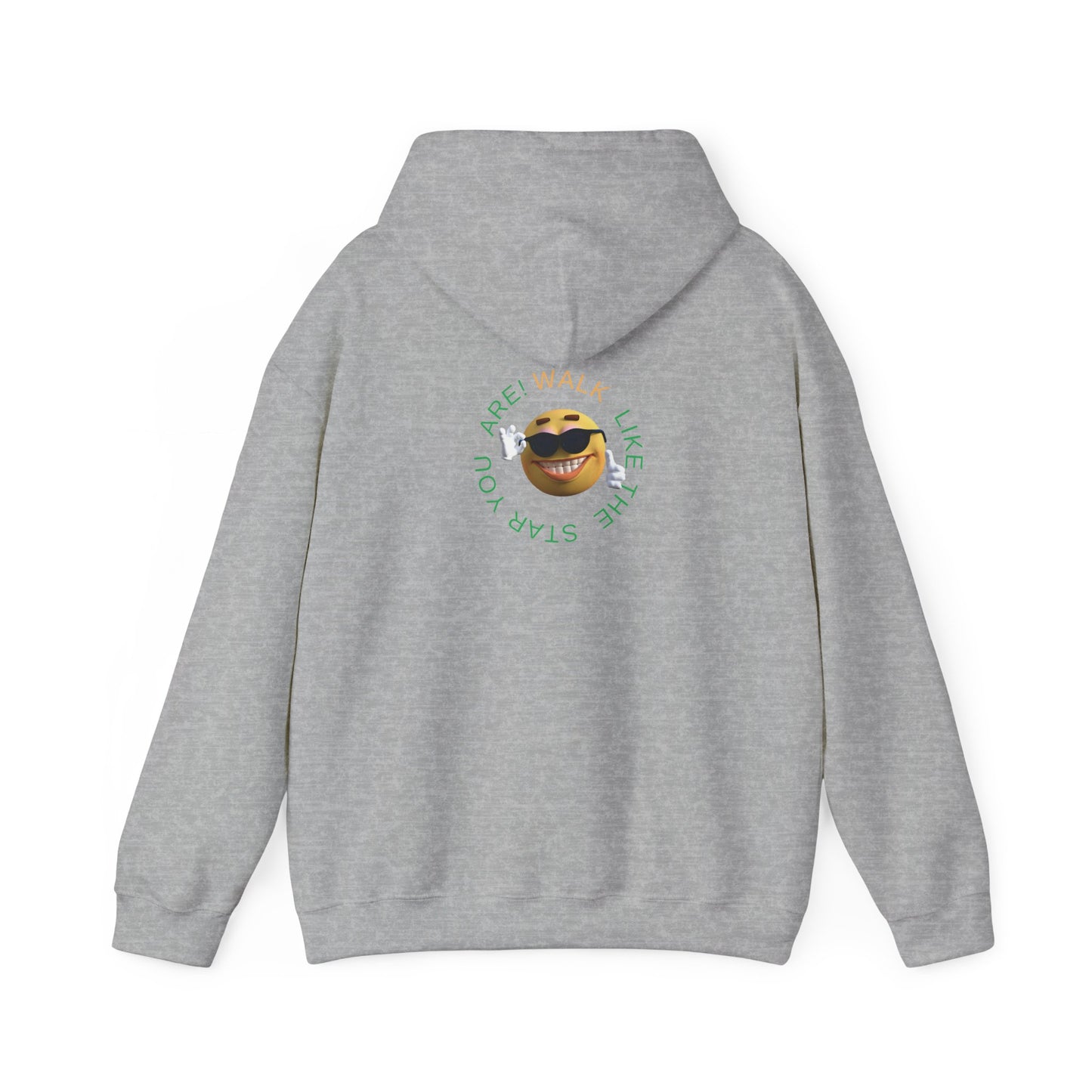 Mashafrica gray back view hoodie with small circular sunglasses emoji and green text logo on upper back
