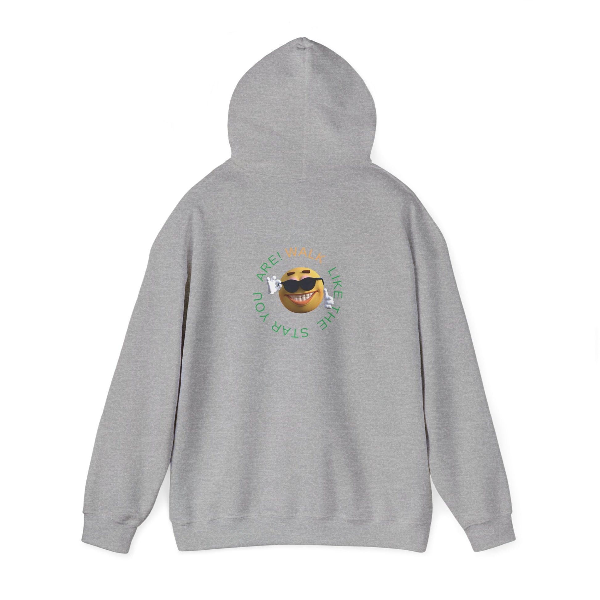 Mashafrica gray hoodie back view with circular smiling emoji sunglasses graphic and green text