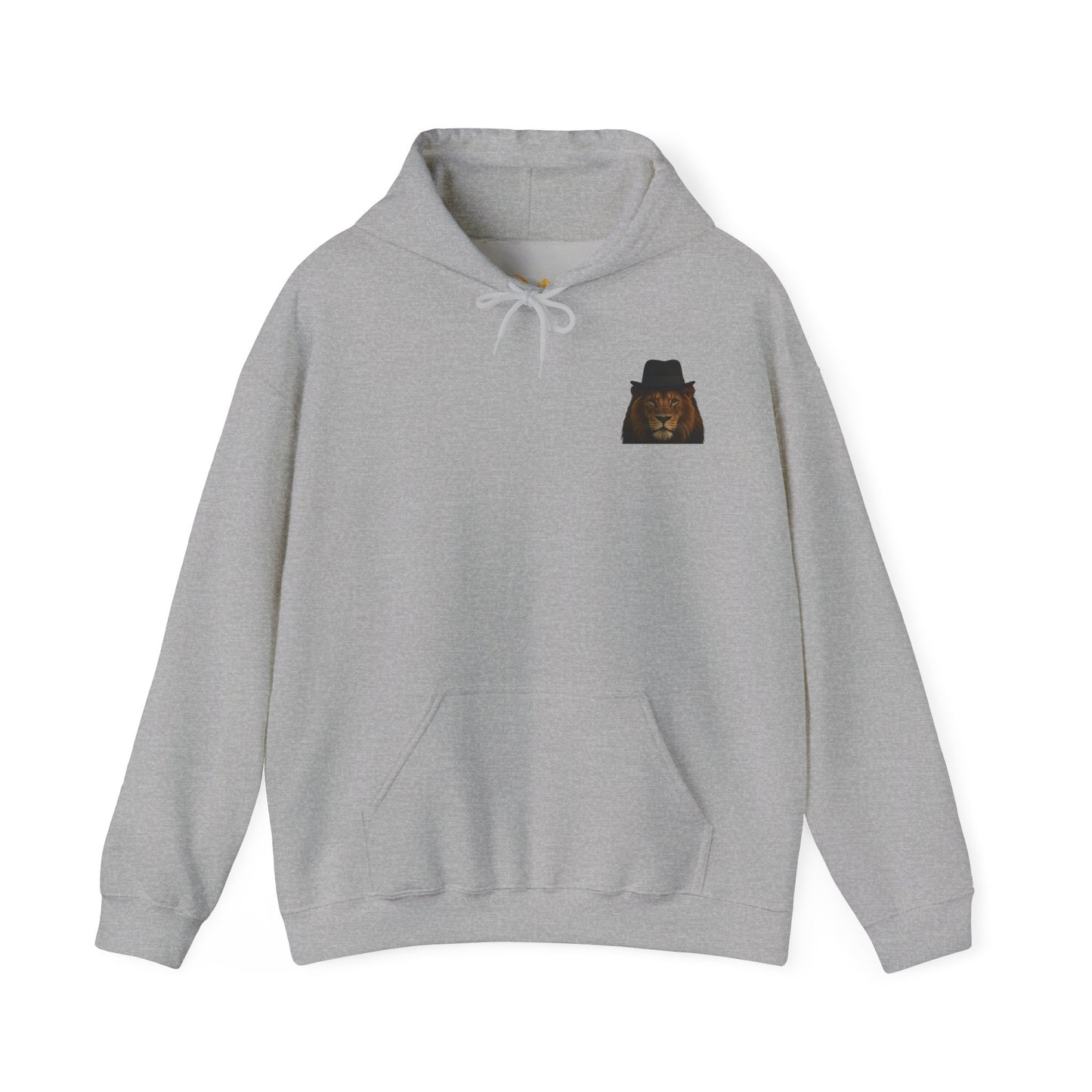 Mashafrica light gray pullover hoodie with small embroidered lion wearing fedora chest patch kangaroo pocket