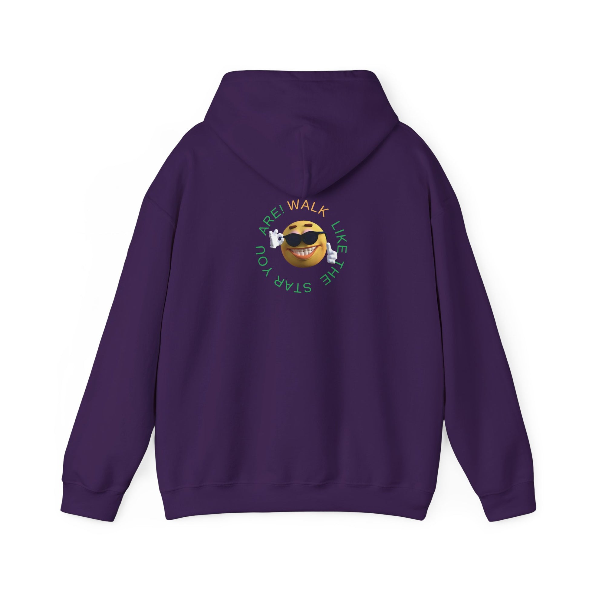 Mashafrica purple hoodie back view with small smiling sunglasses emoji and circular I walk like the star you are graphic