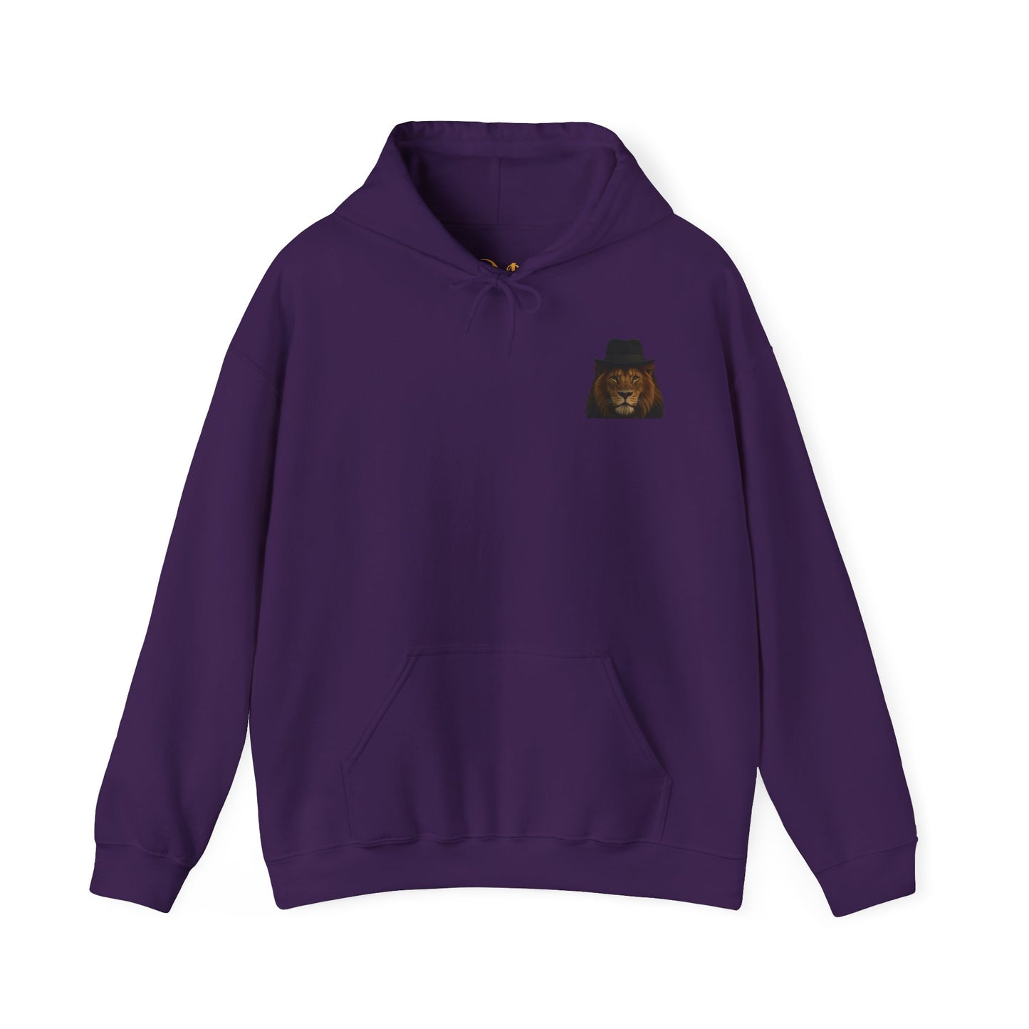Mashafrica purple pullover hoodie with small lion wearing hat chest logo kangaroo pocket long sleeves